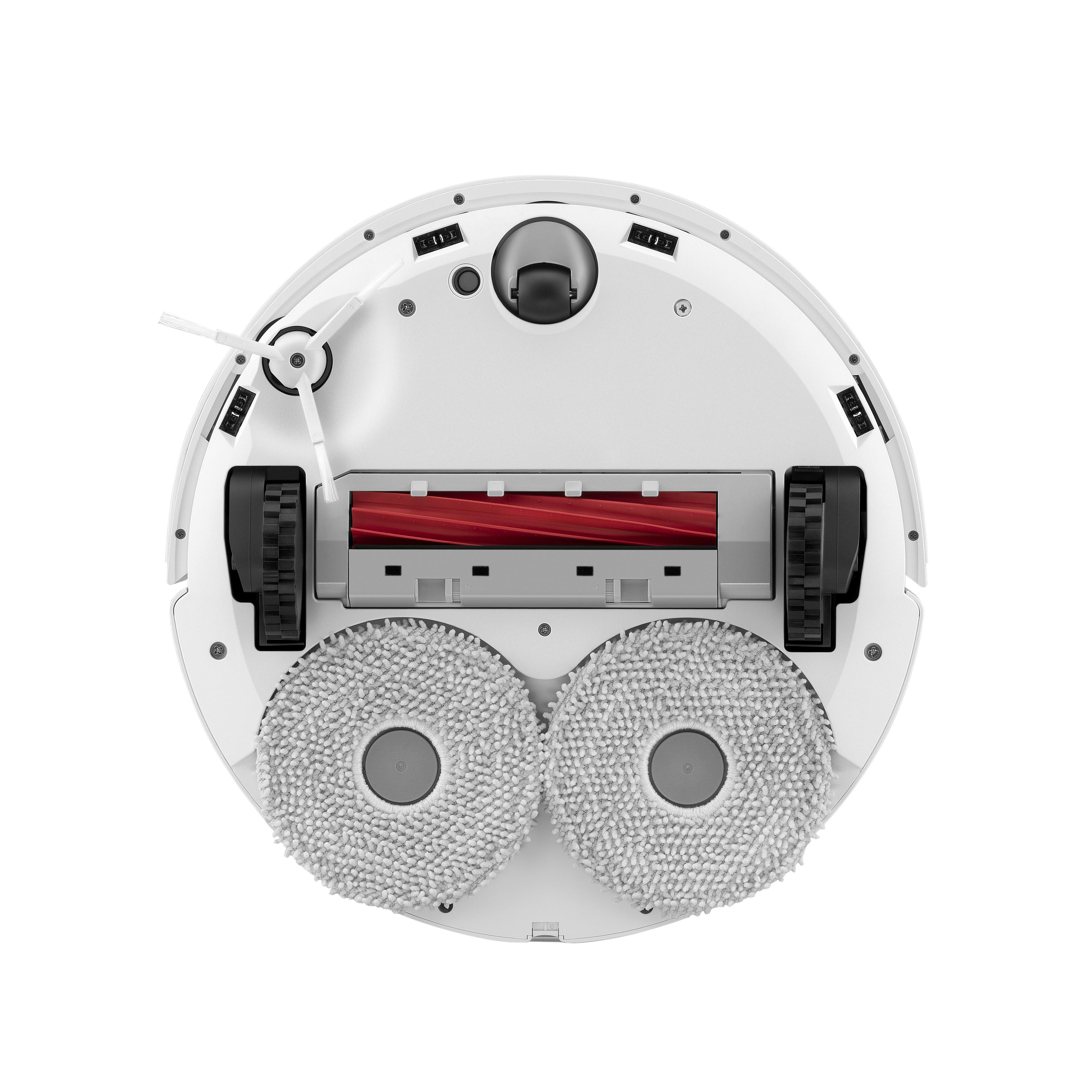 Roboter-Staubsauger, weiß, mit zwei rotierenden Wischmopps und Mittelbürste.