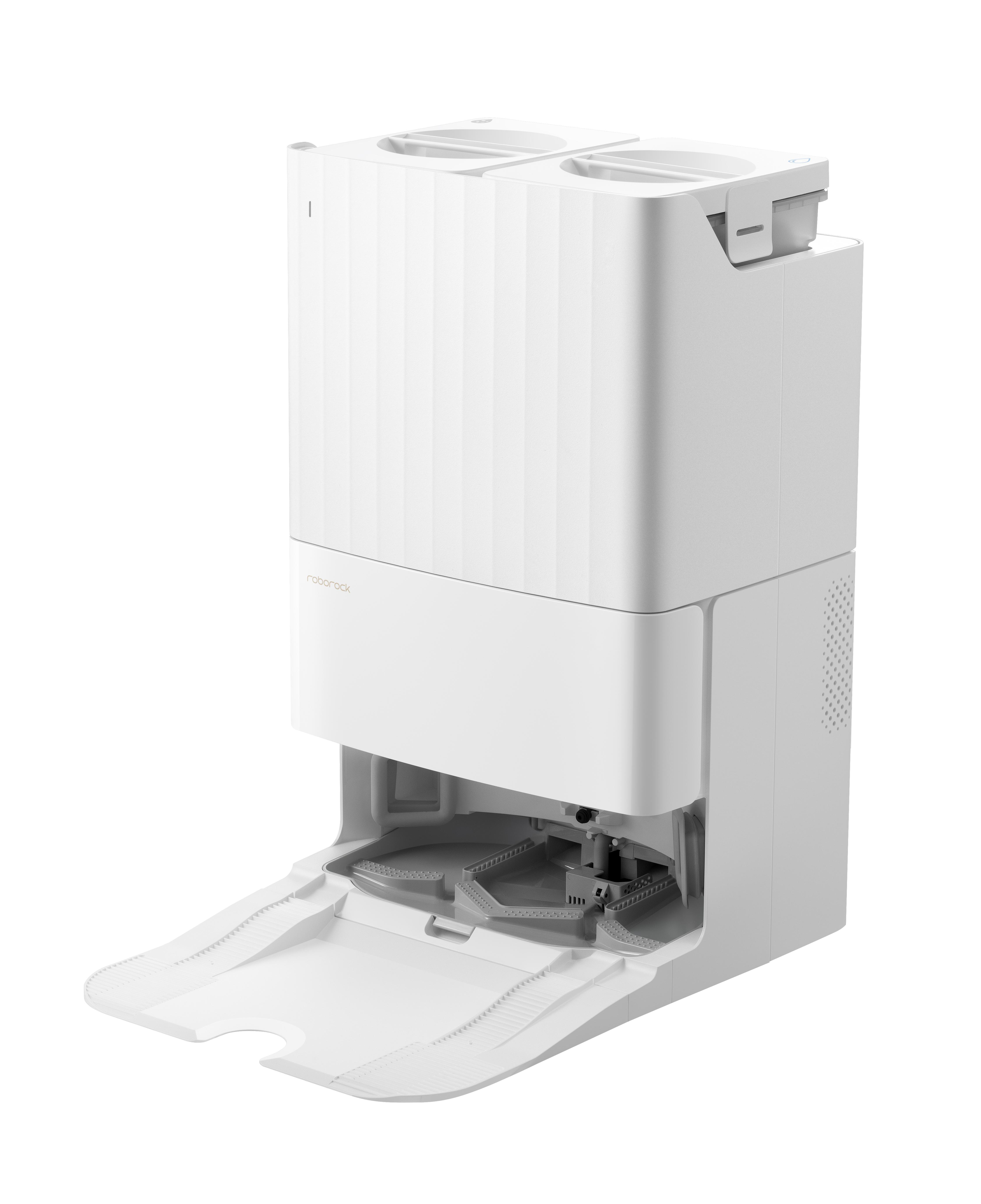 Weiße Roboter-Staubsauger-Basisstation mit offenem Reinigungsbereich.
