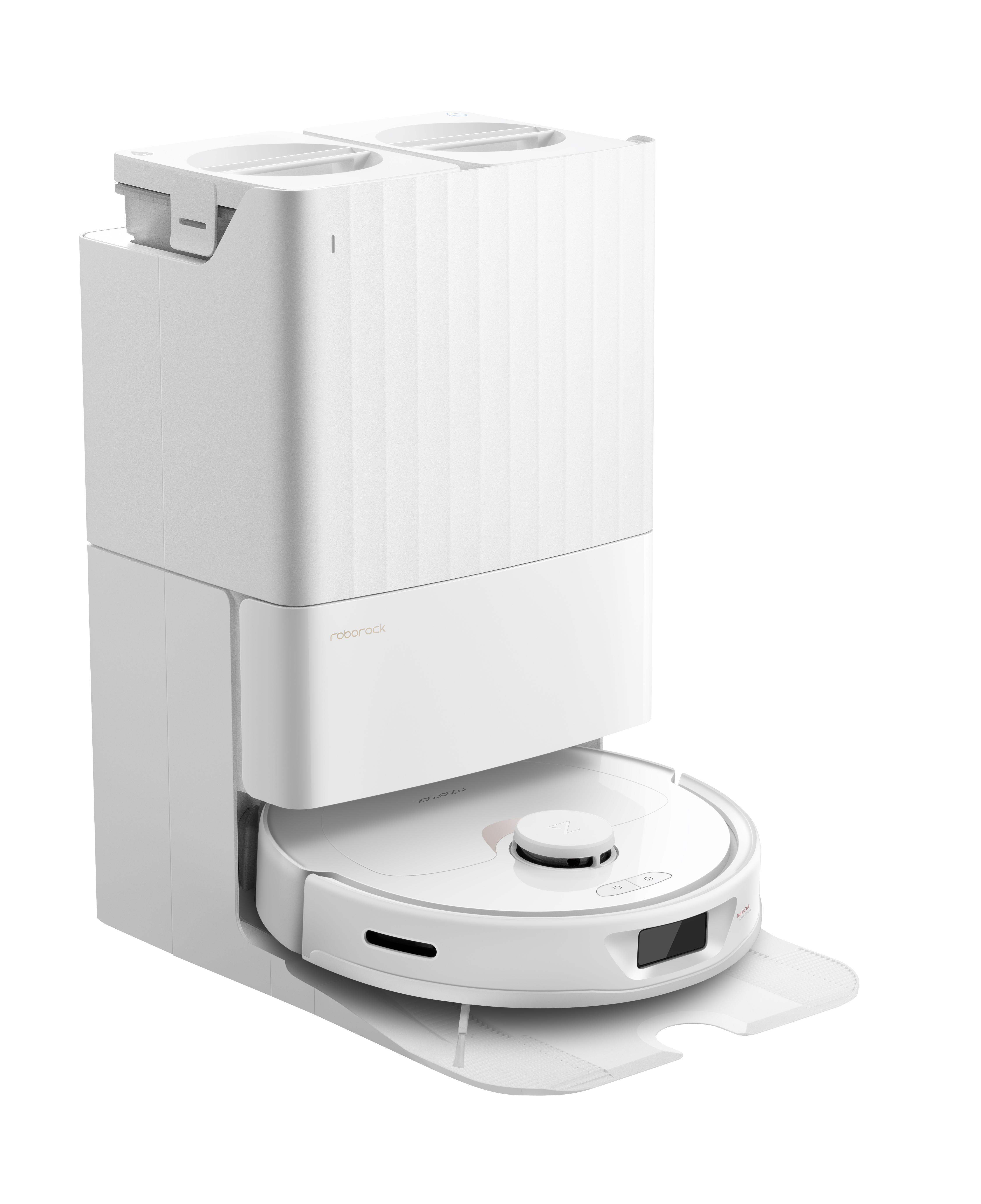Weißer Roboter-Staubsauger mit Ladestation. Modernes Design, weißes Farbschema.