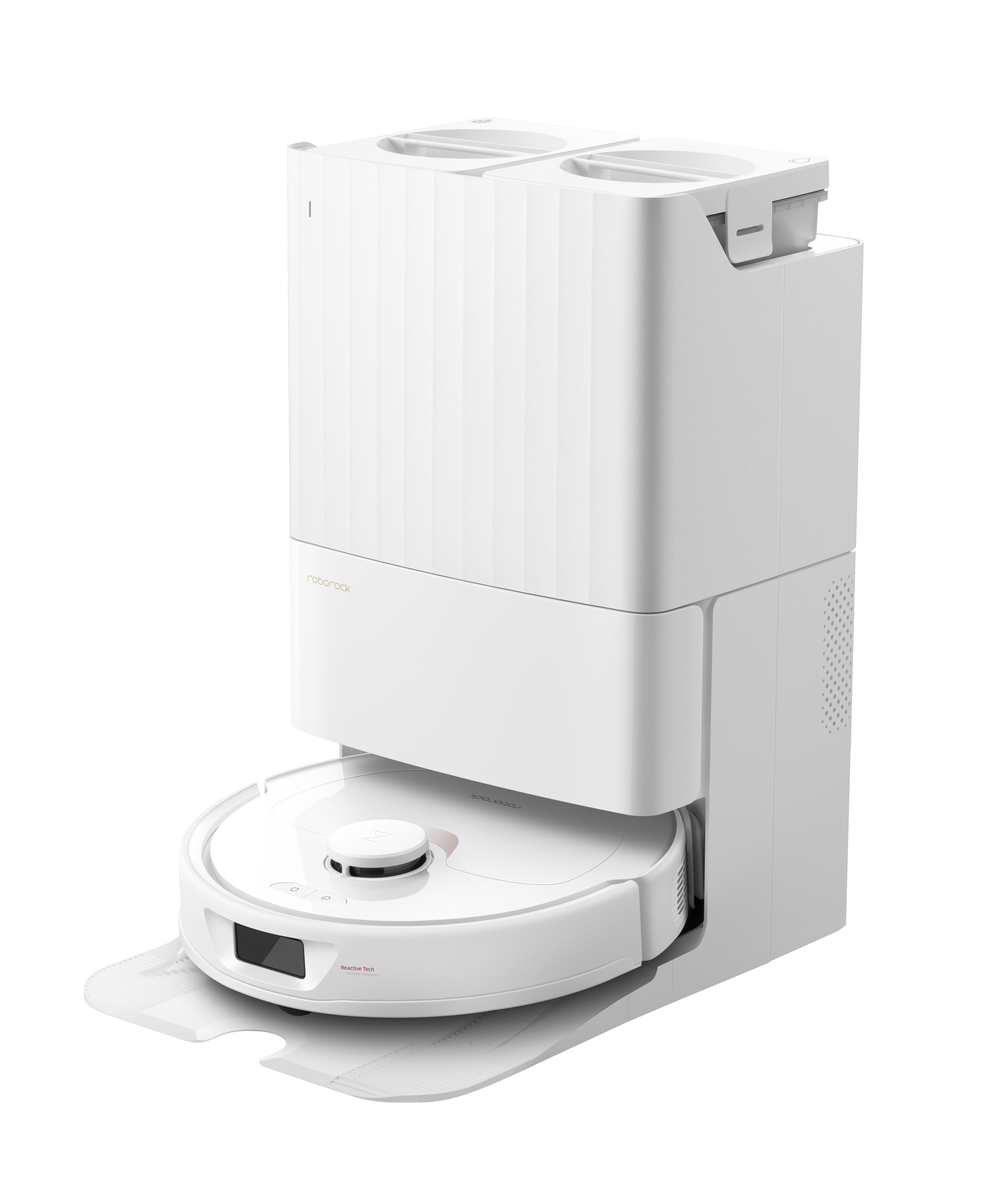 Weißer Roborock Roboter-Staubsauger mit Ladestation. Der Roboter hat einen Bildschirm.