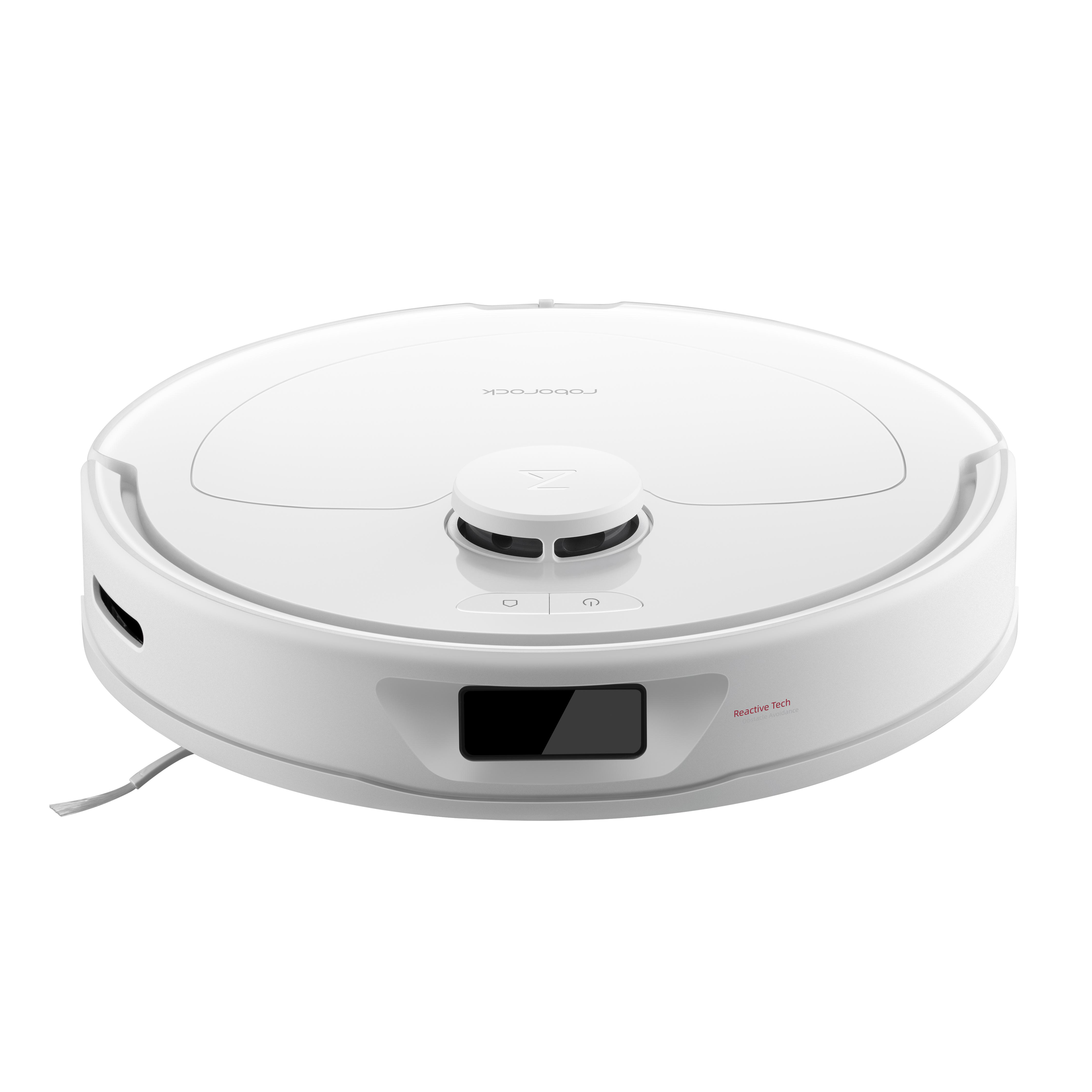 Weißer Roboter-Staubsauger. Draufsicht, zeigt Knöpfe und ein kleines Display.