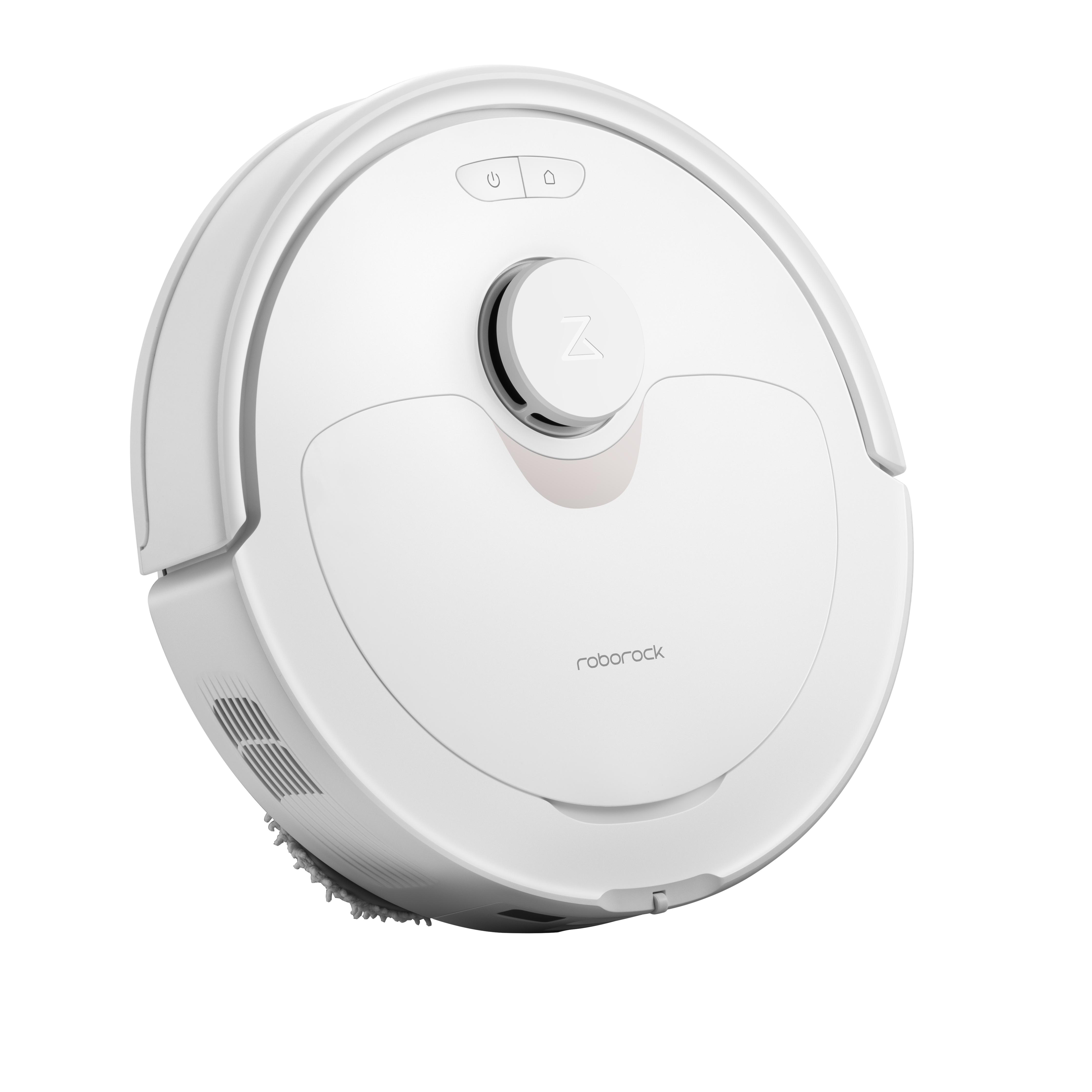 Weißer, kreisförmiger Roboter-Staubsauger mit Knöpfen und Logo oben.