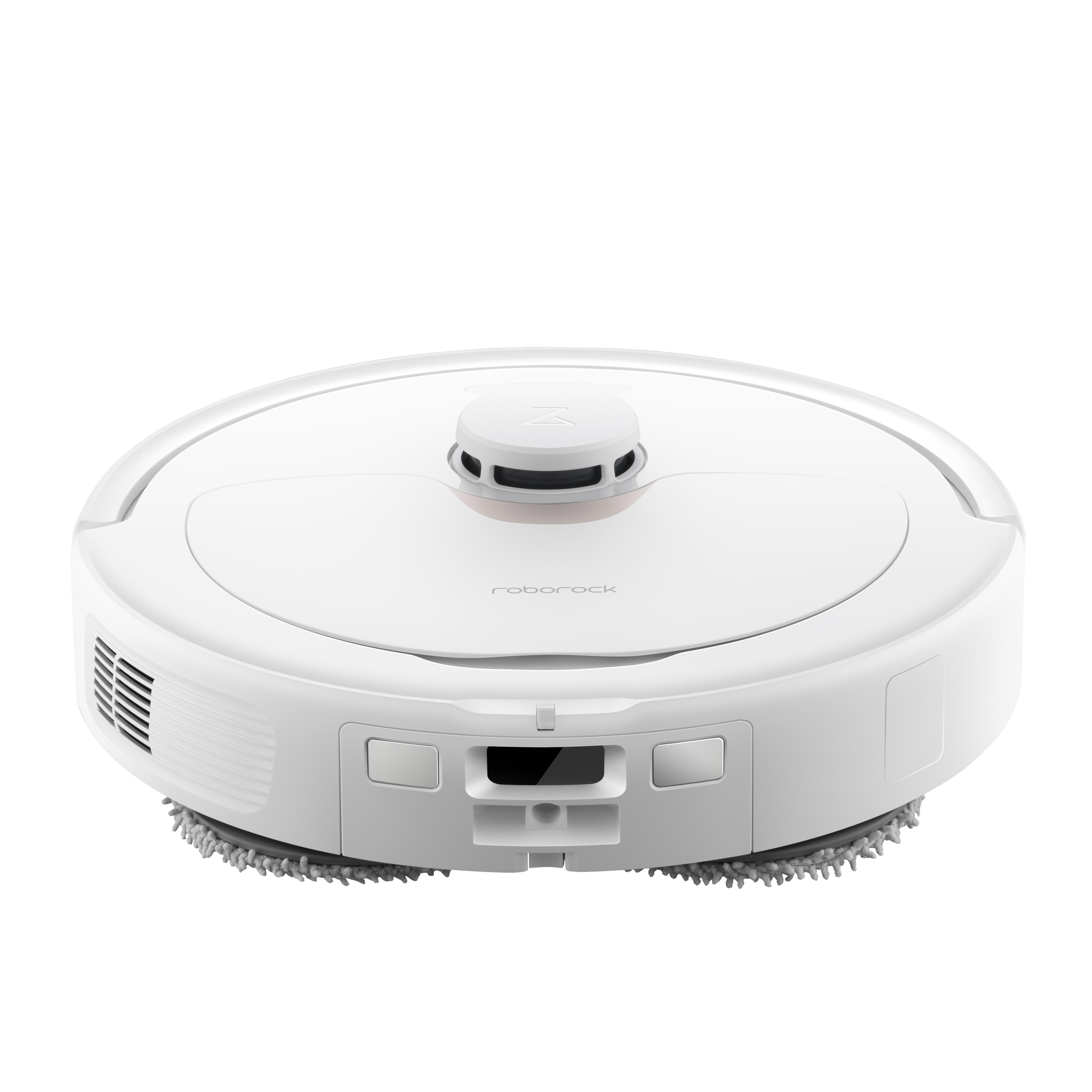 Ein weißer Roboter-Staubsauger mit einer schwarz-weißen Ladestation.