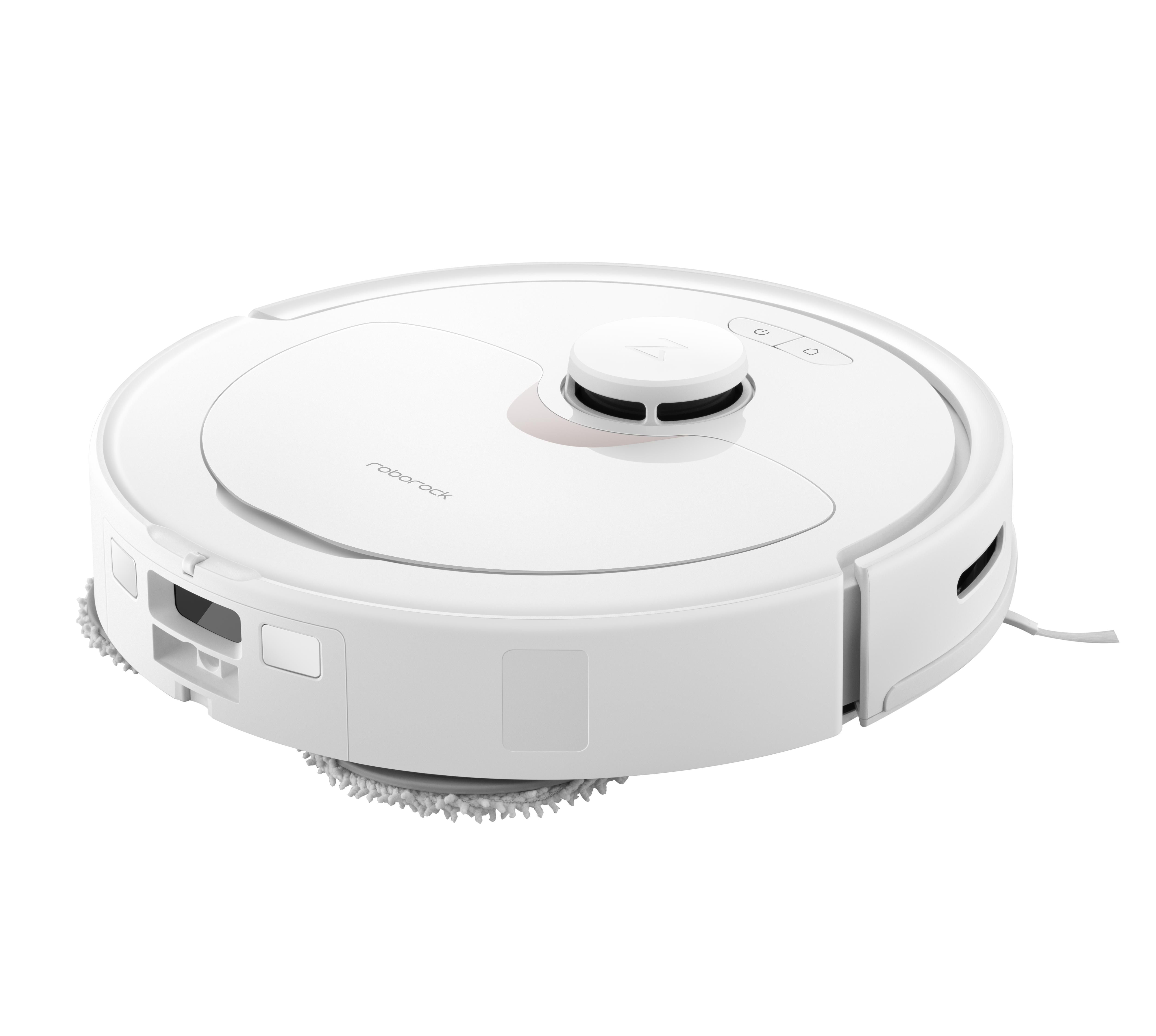 Weißer, runder Roboter-Staubsauger. Er hat eine zentrale Abdeckung und Seitendetails.