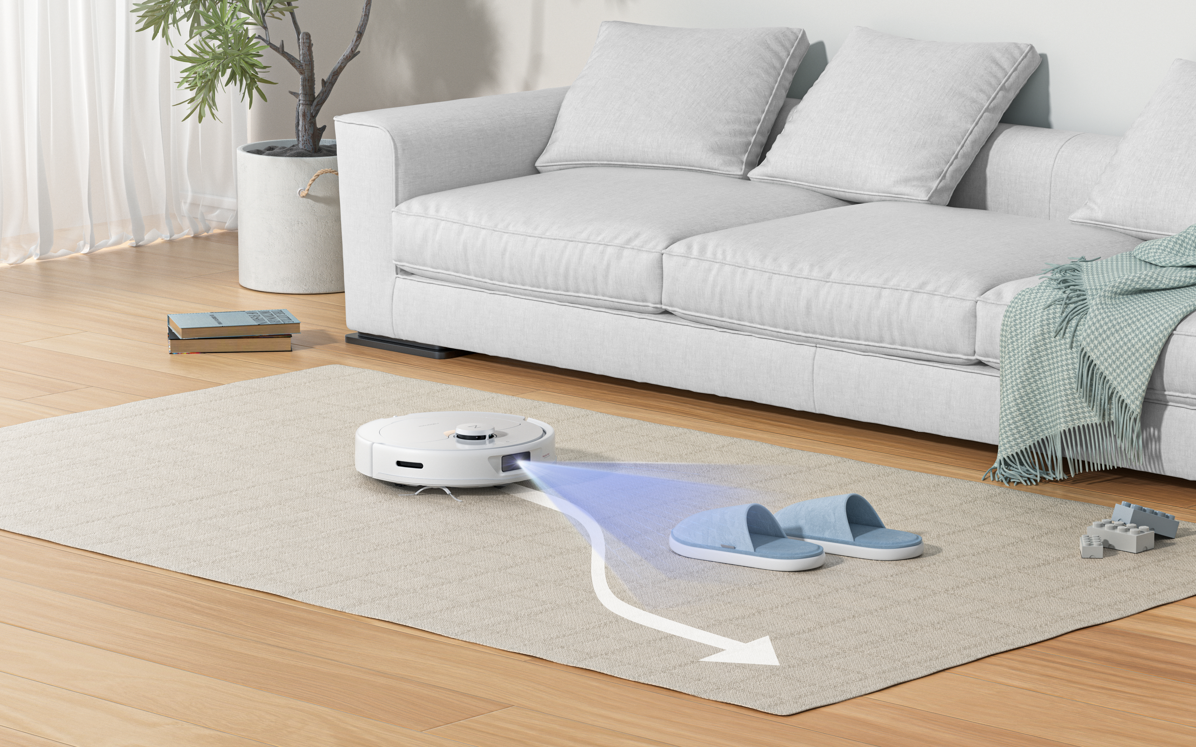 Roboter-Staubsauger auf einem Teppich. Ein Pfad führt zu einem Paar blauer Hausschuhe.
