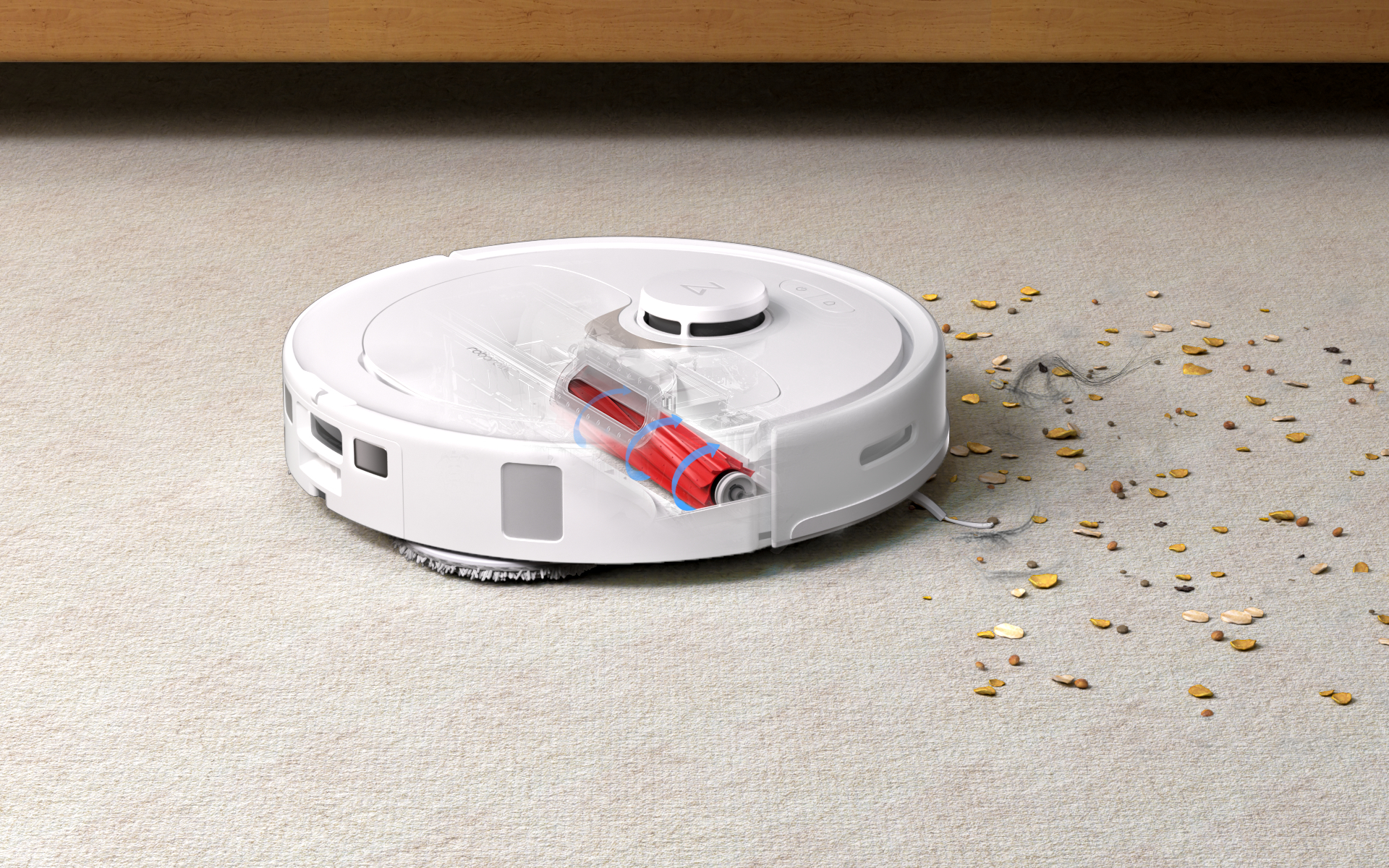 Ein weißer Roboter-Staubsauger reinigt Teppich, mit sichtbarer Bürste.