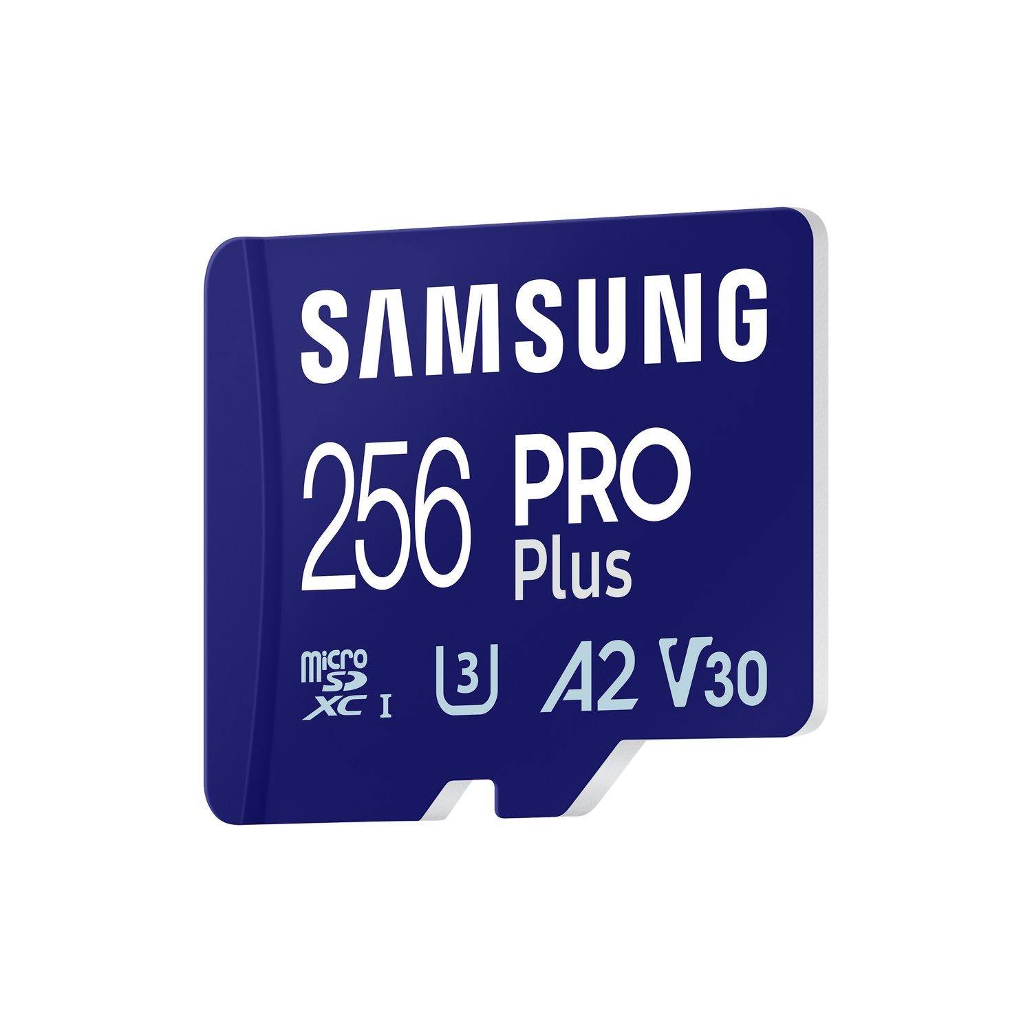 A blue Samsung Pro Plus MicroSD card. It has text and symbols on it against a white background.