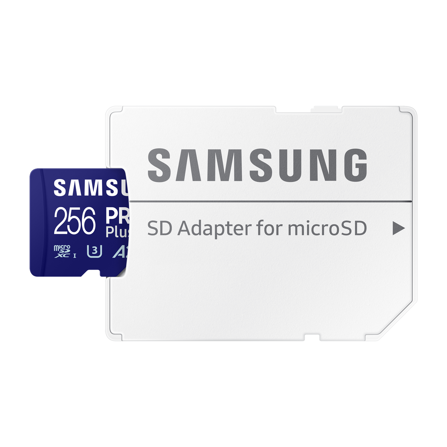 A microSD card and SD adapter on a white background. The card is blue with white text.