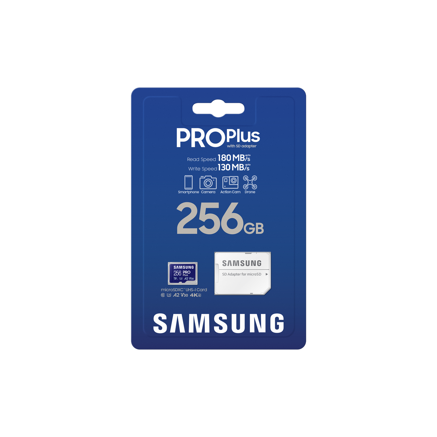 Samsung Pro Plus 256GB SD card in packaging. Blue packaging with text and card image.