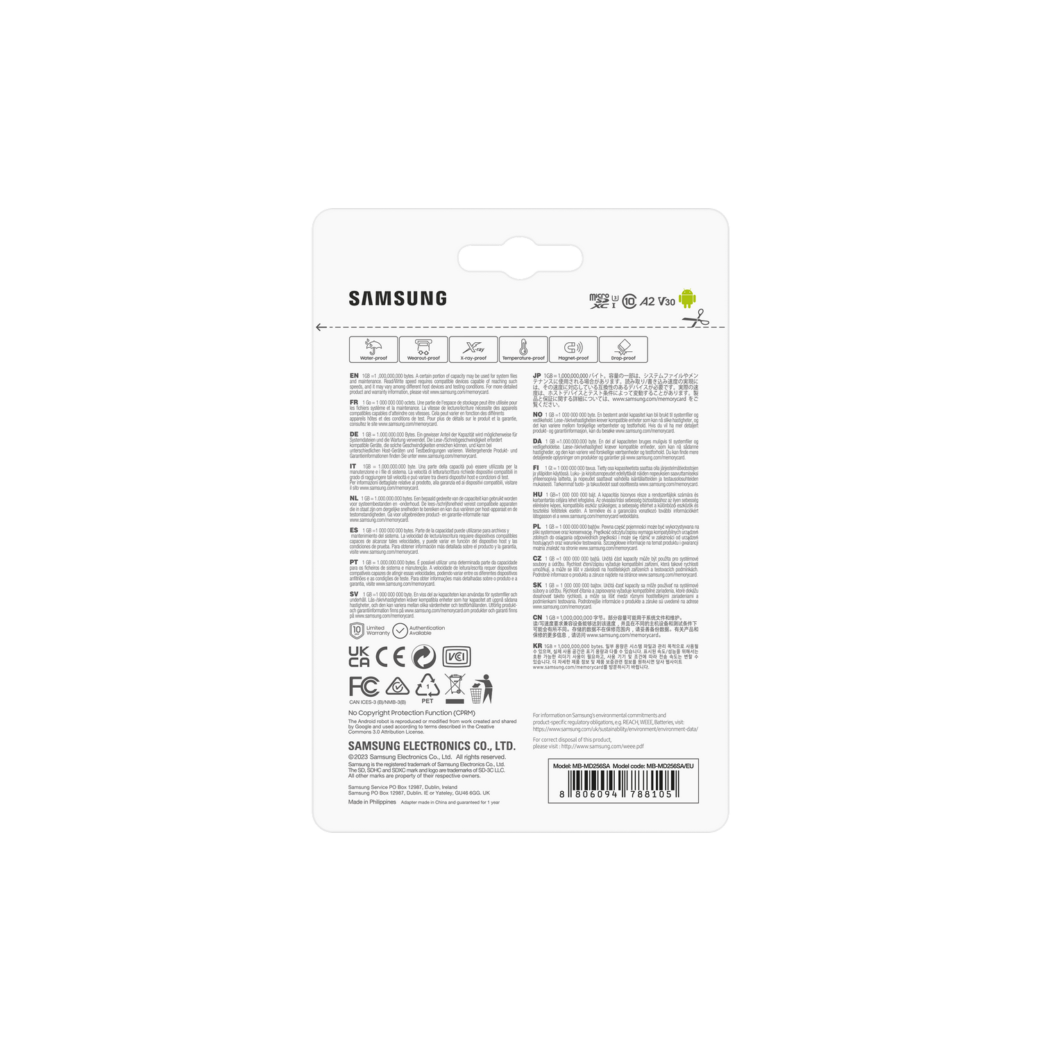 Back of a Samsung SD card package. Text, logos, and product information.