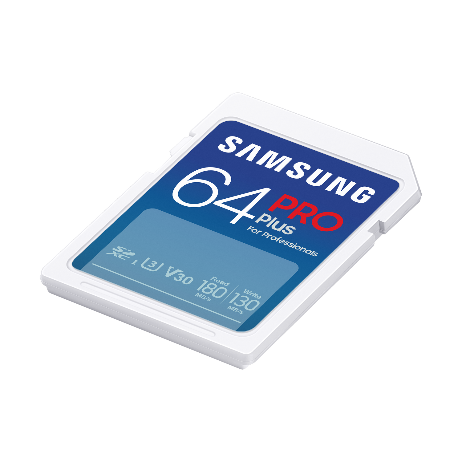 A white and blue SD card with text 'SAMSUNG 64 PRO' and other technical information. White background.