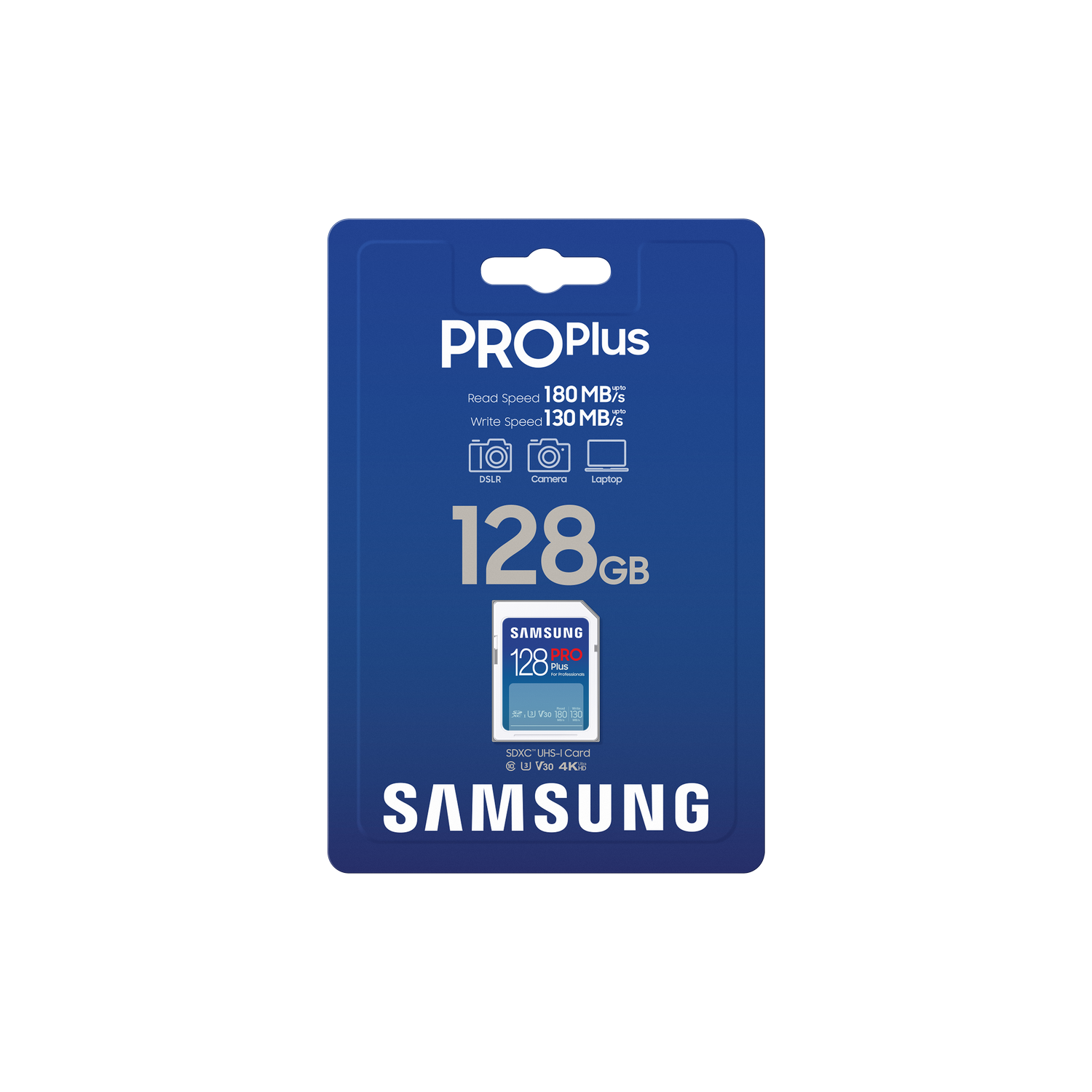 Blue and white Samsung Pro Plus 128GB SD card in a package.