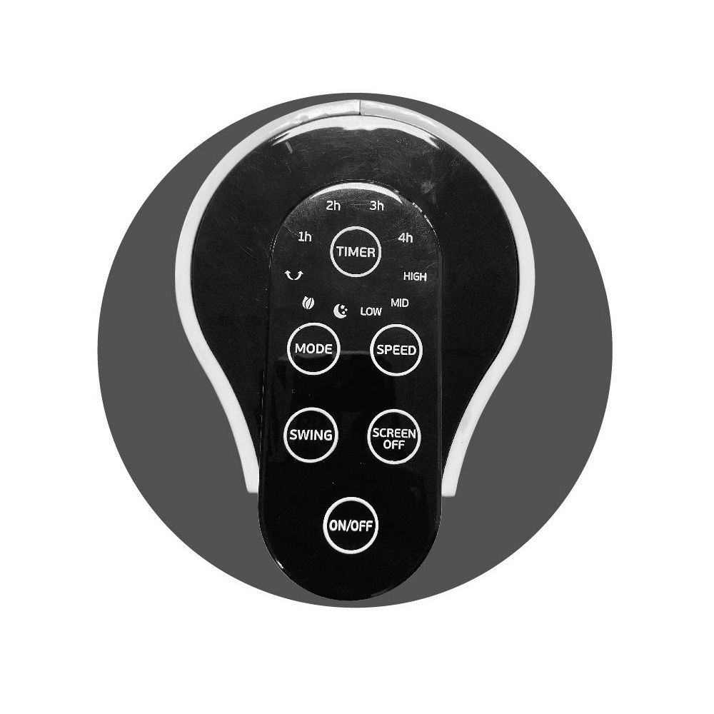 Ventilátor távirányító, fehér, fekete gombokkal, időzítő, mód, sebesség, lengés és be/ki felirattal.