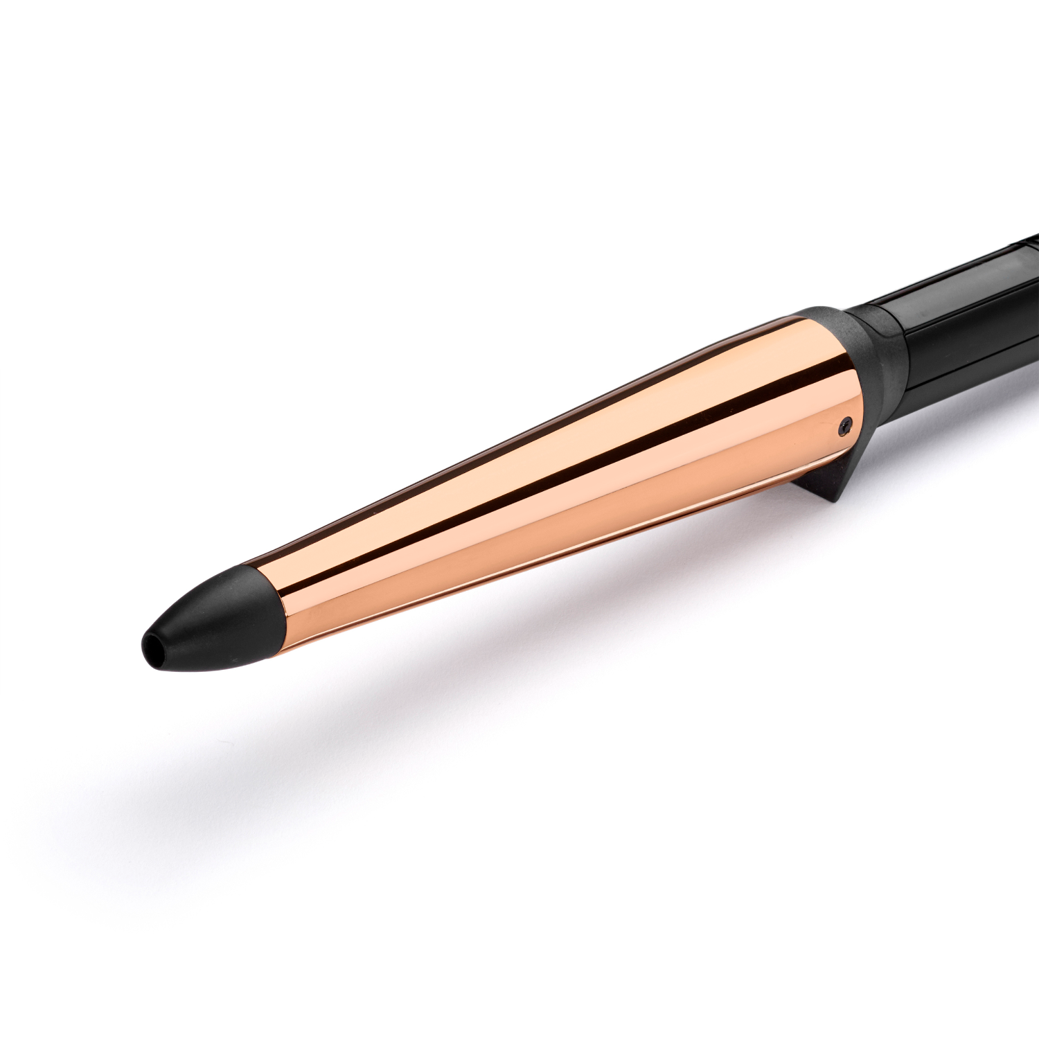 A curling iron with a rose gold barrel and a black handle. It is isolated on a white background.