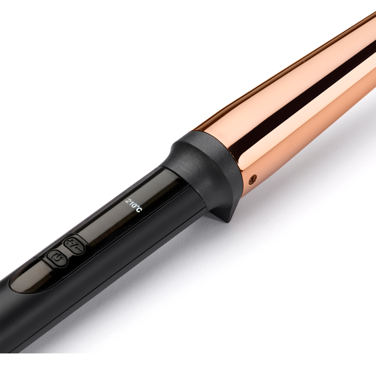 A rose gold curling iron with a black handle and digital display.