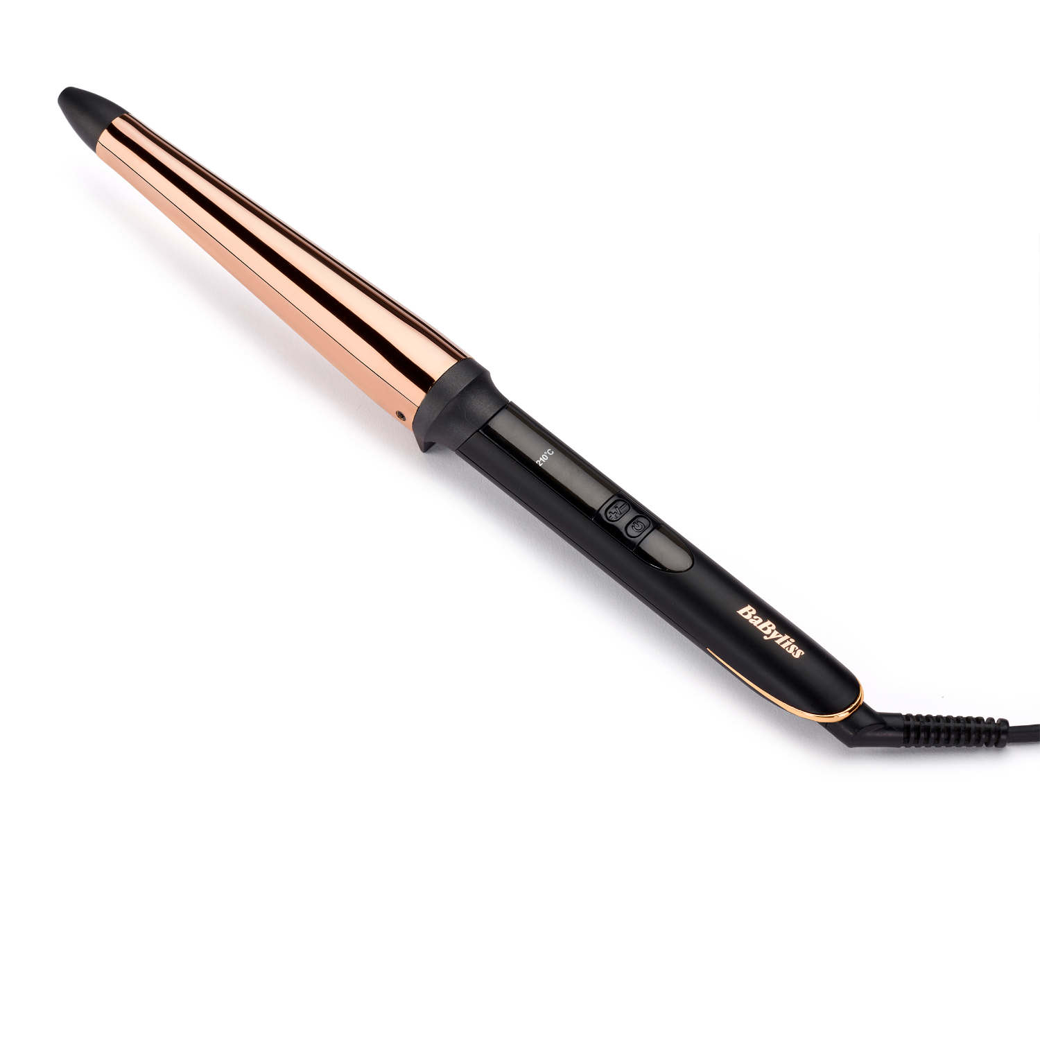 Black and rose gold curling iron on a white surface.