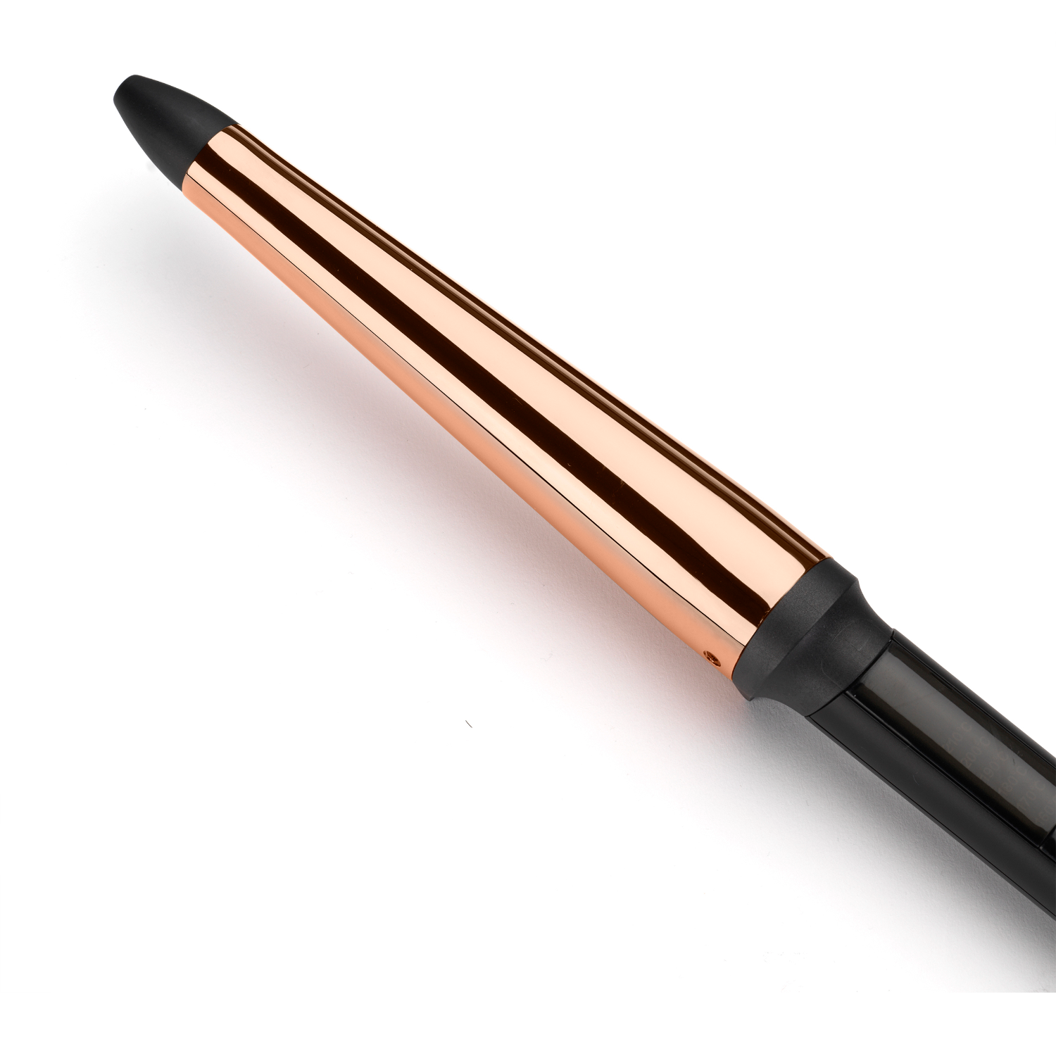 Close up of curling iron. It is rose gold and black. It is angled.