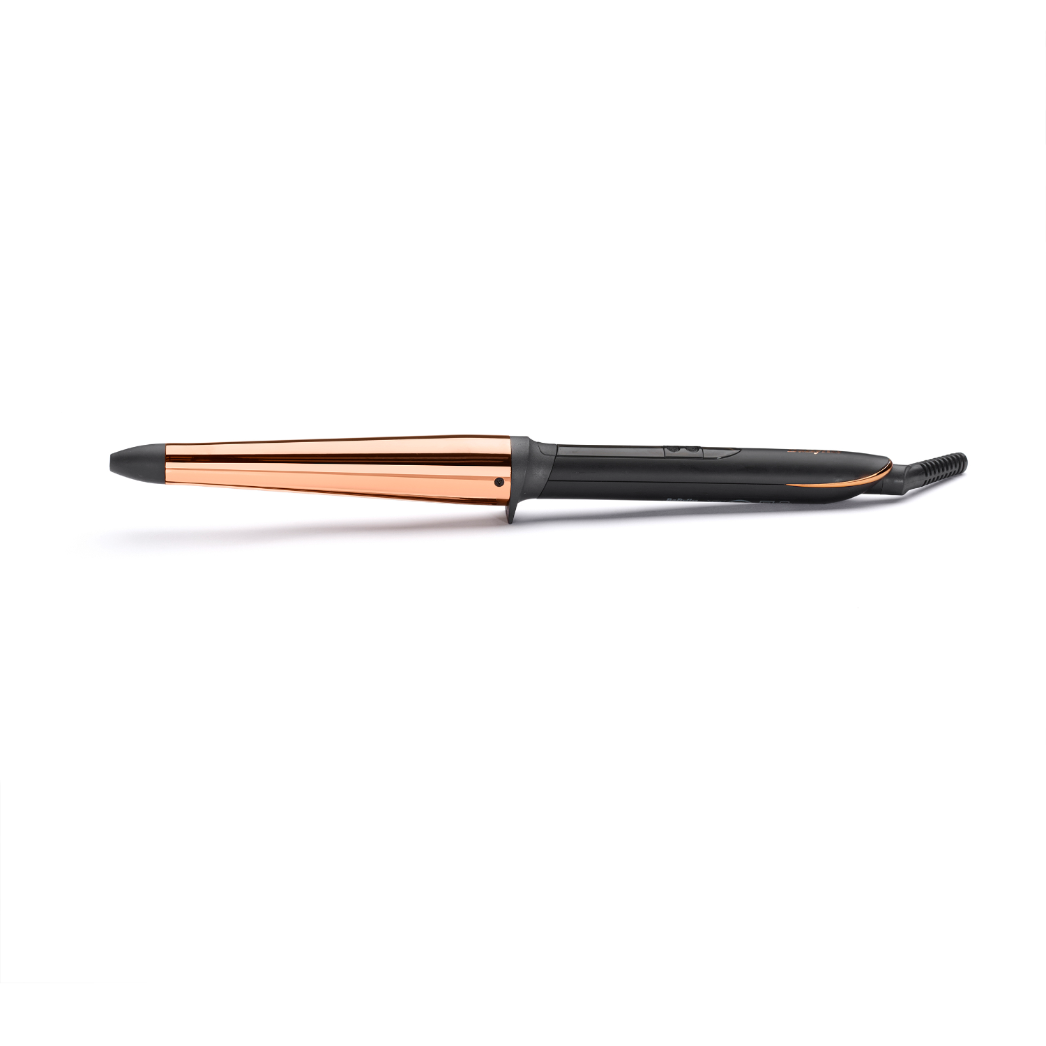 Hair curling wand, black handle with rose gold barrel on white background.