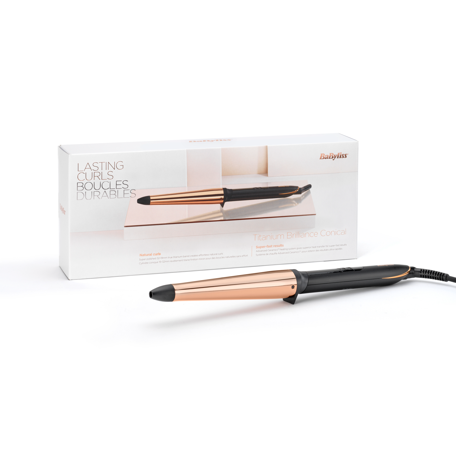 A curling iron with its box, black with rose gold details.