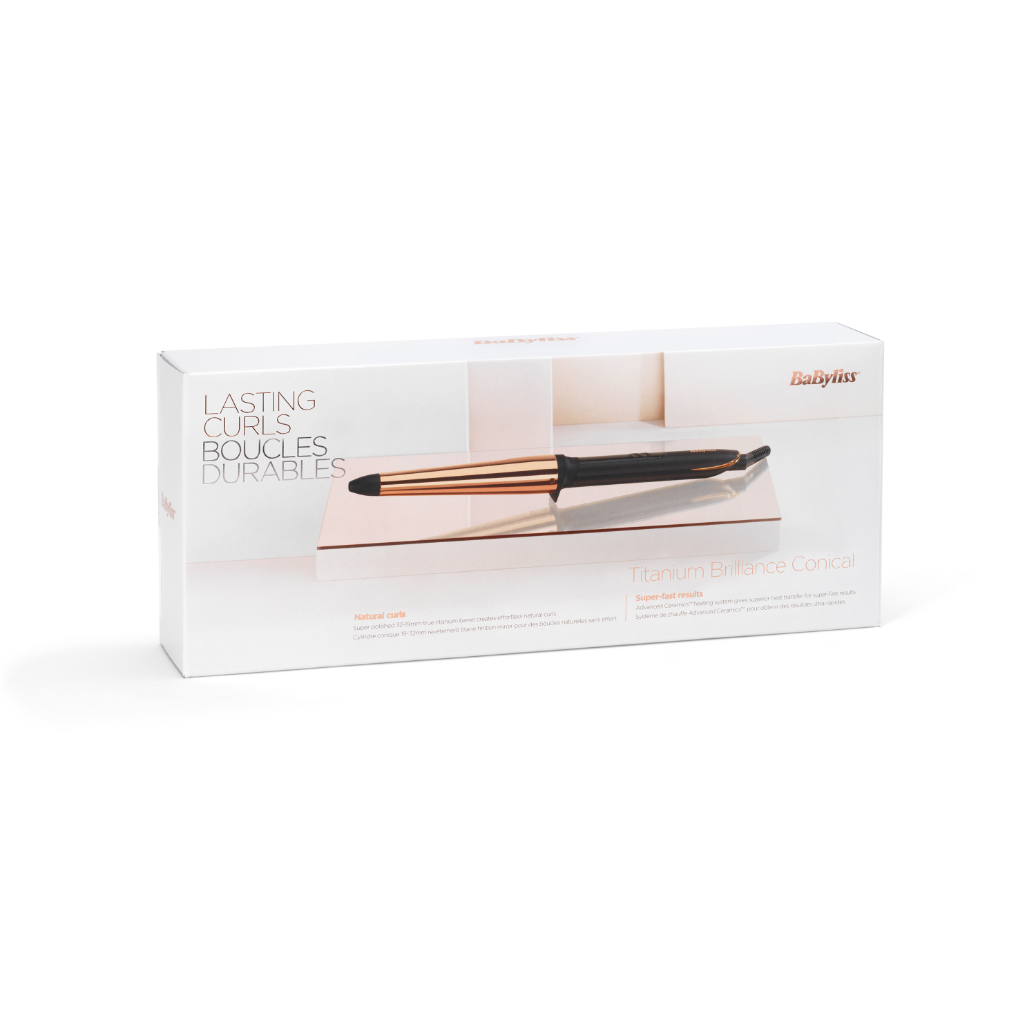 A white box with a curling iron inside, labeled "Titanium Brilliance Conical".