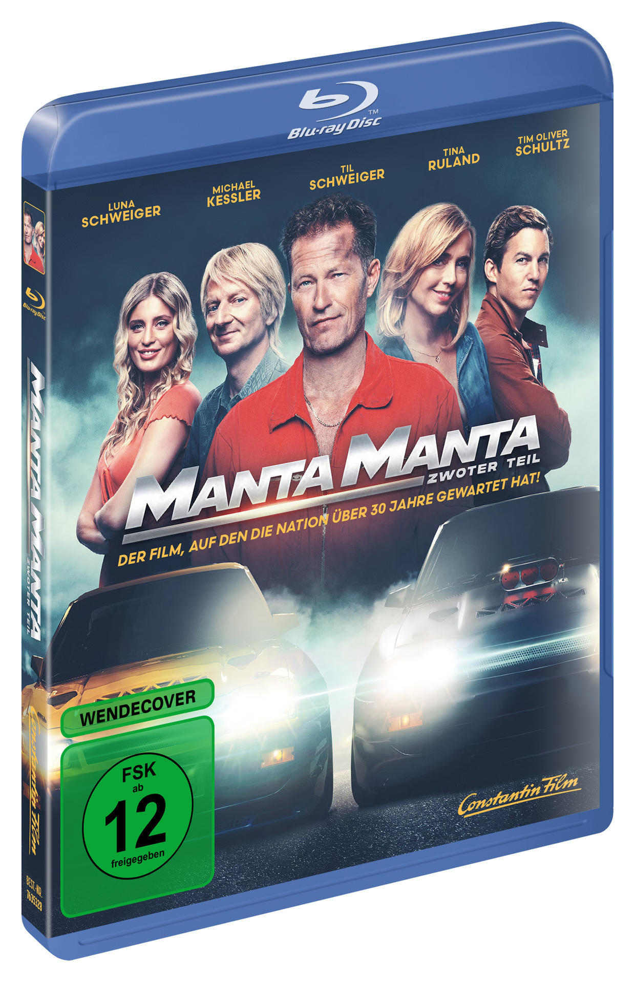 Blu-ray-Filmhülle mit dem Film 'Manta Manta - Zweiter Teil'. Zeigt Schauspieler und Autos auf dem Cover.