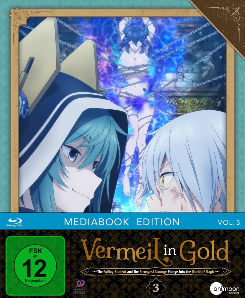 Anime-DVD-Cover. Zwei Charaktere schauen eine Frau in Ketten an, umgeben von blauer Energie. Titel: Vermeil in Gold.