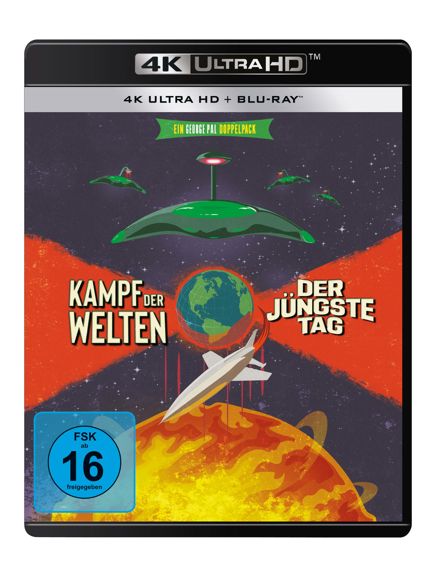 4K Blu-ray-Cover von 'Kampf der Welten' mit fliegenden Untertassen, einem Planeten, einer Stadt und einer Sonne.