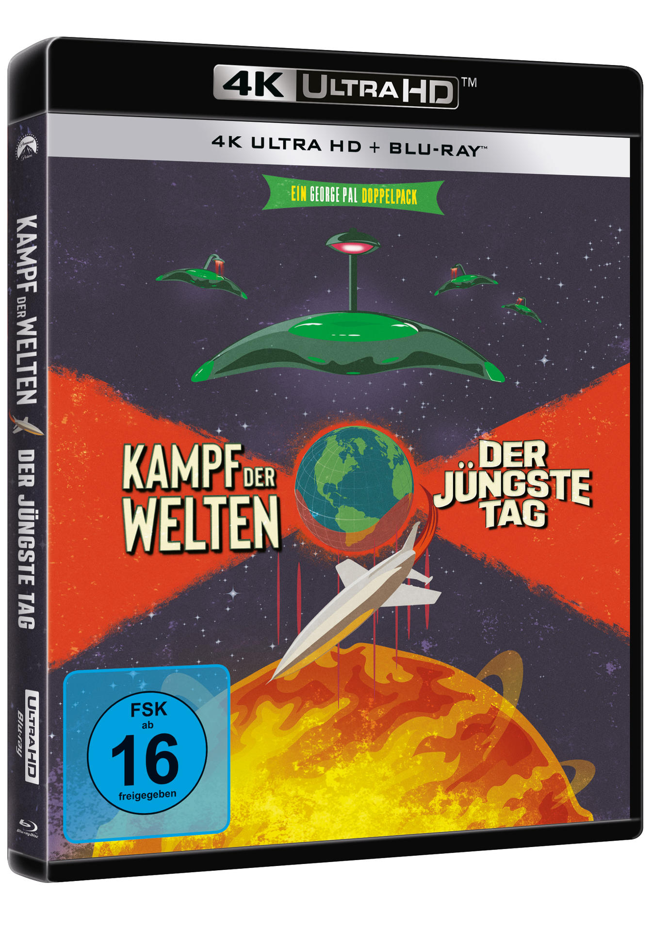 Filmkoffer mit Kunstwerk eines Raumschiffs, der Welt und Text auf Deutsch.