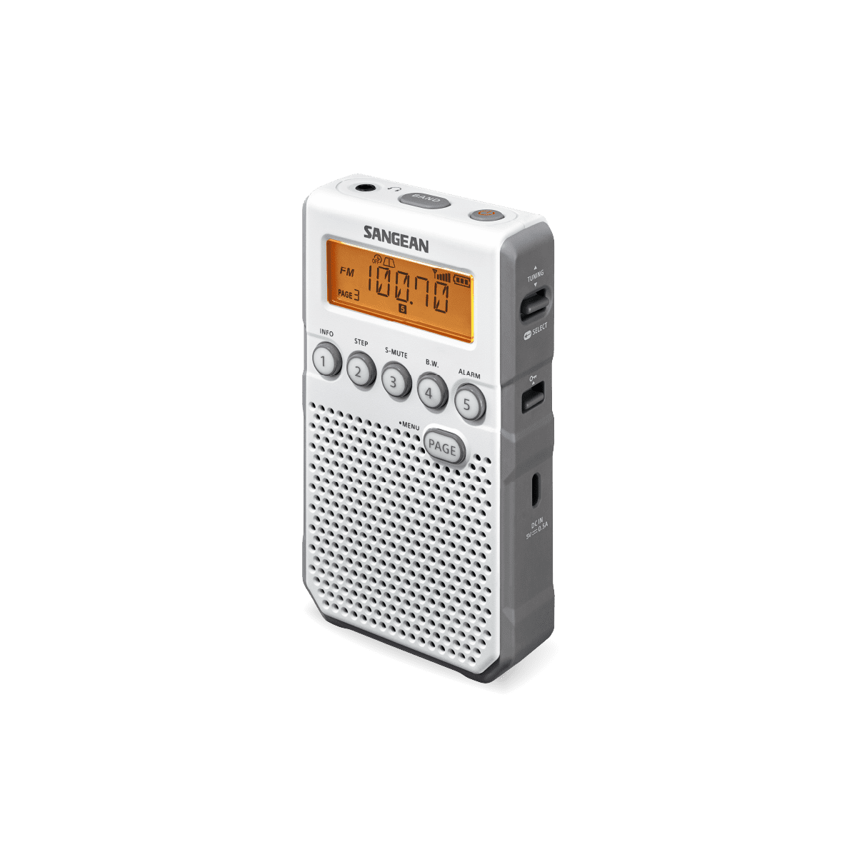Weiß-graues tragbares Radio mit Knöpfen, Display und Lautsprecher. Es hat eine Antenne.