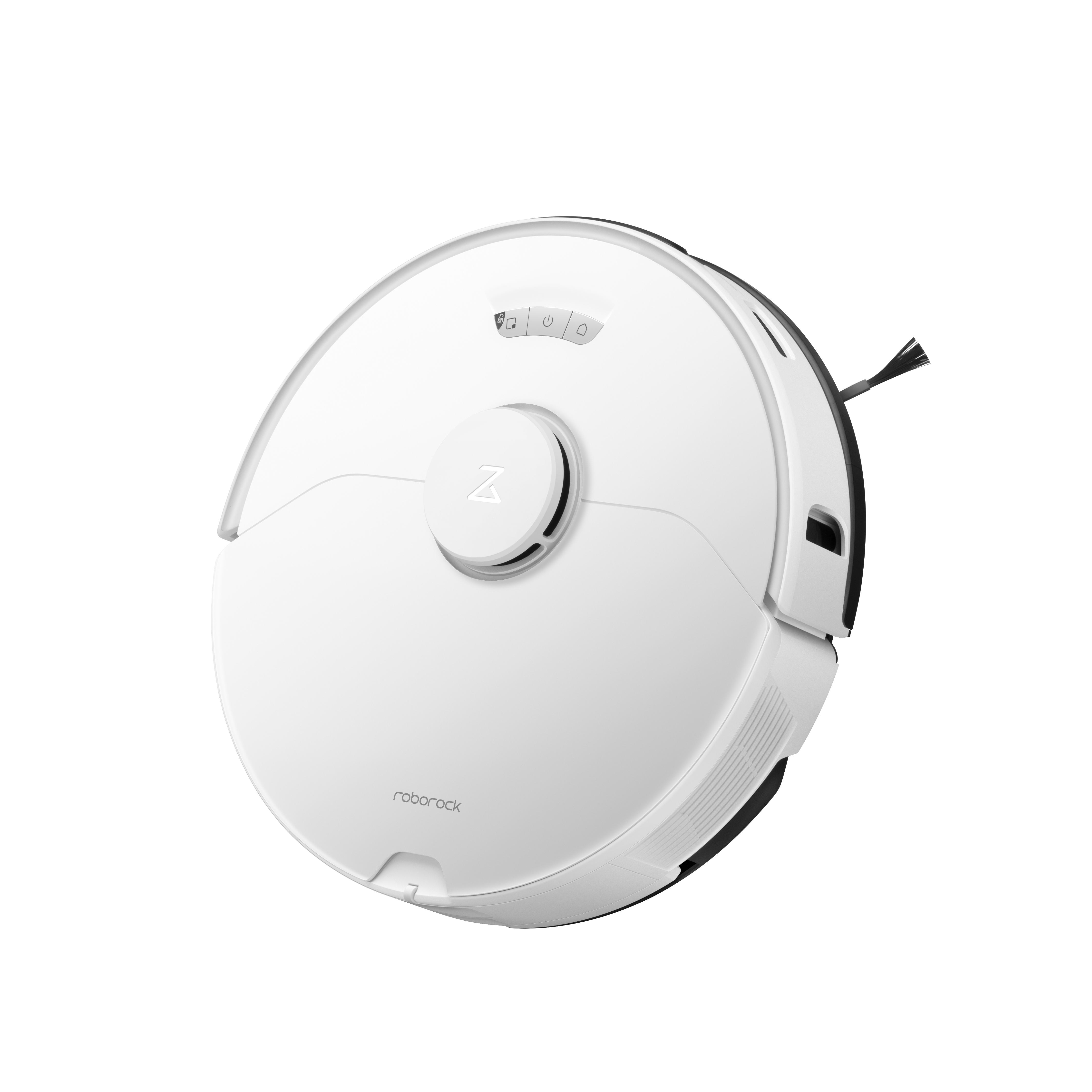 Weißer, runder Roboter-Staubsauger mit Roborock-Logo und Seitenbürste auf weißem Untergrund.