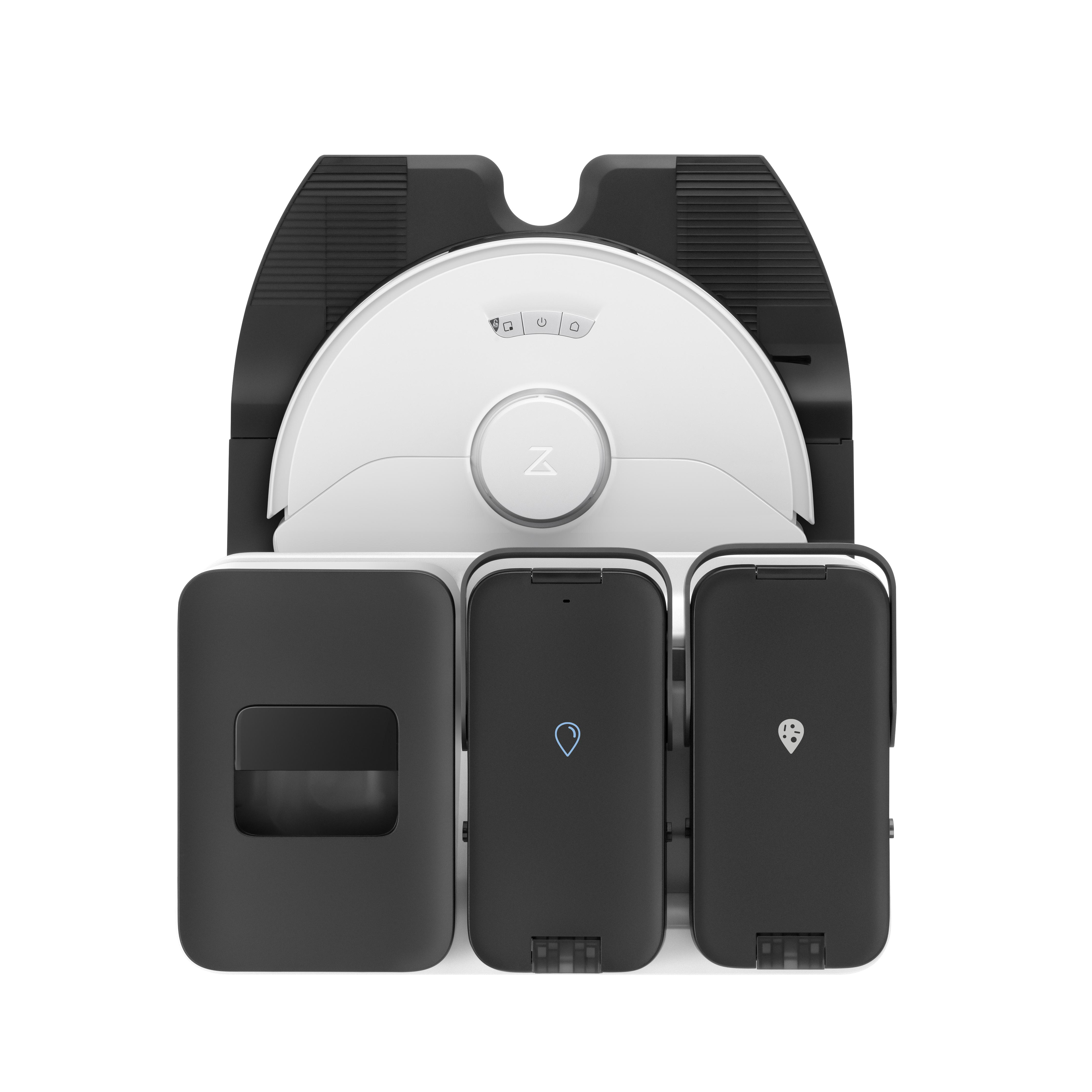 Ein weißer und schwarzer Roboter-Staubsauger mit drei schwarzen Ladestationen.