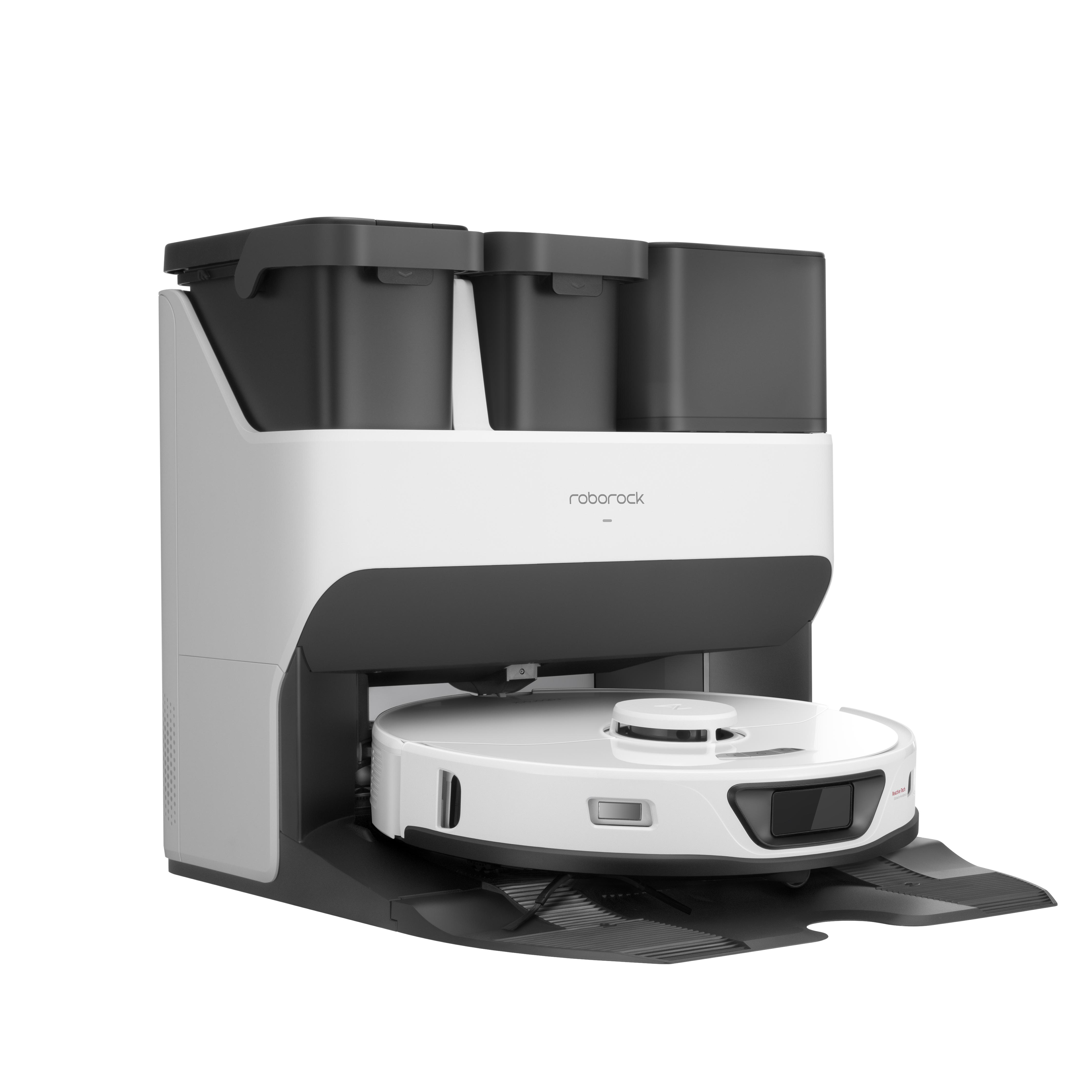 Weißer und schwarzer Roborock Roboter-Staubsauger mit separater Dockingstation.