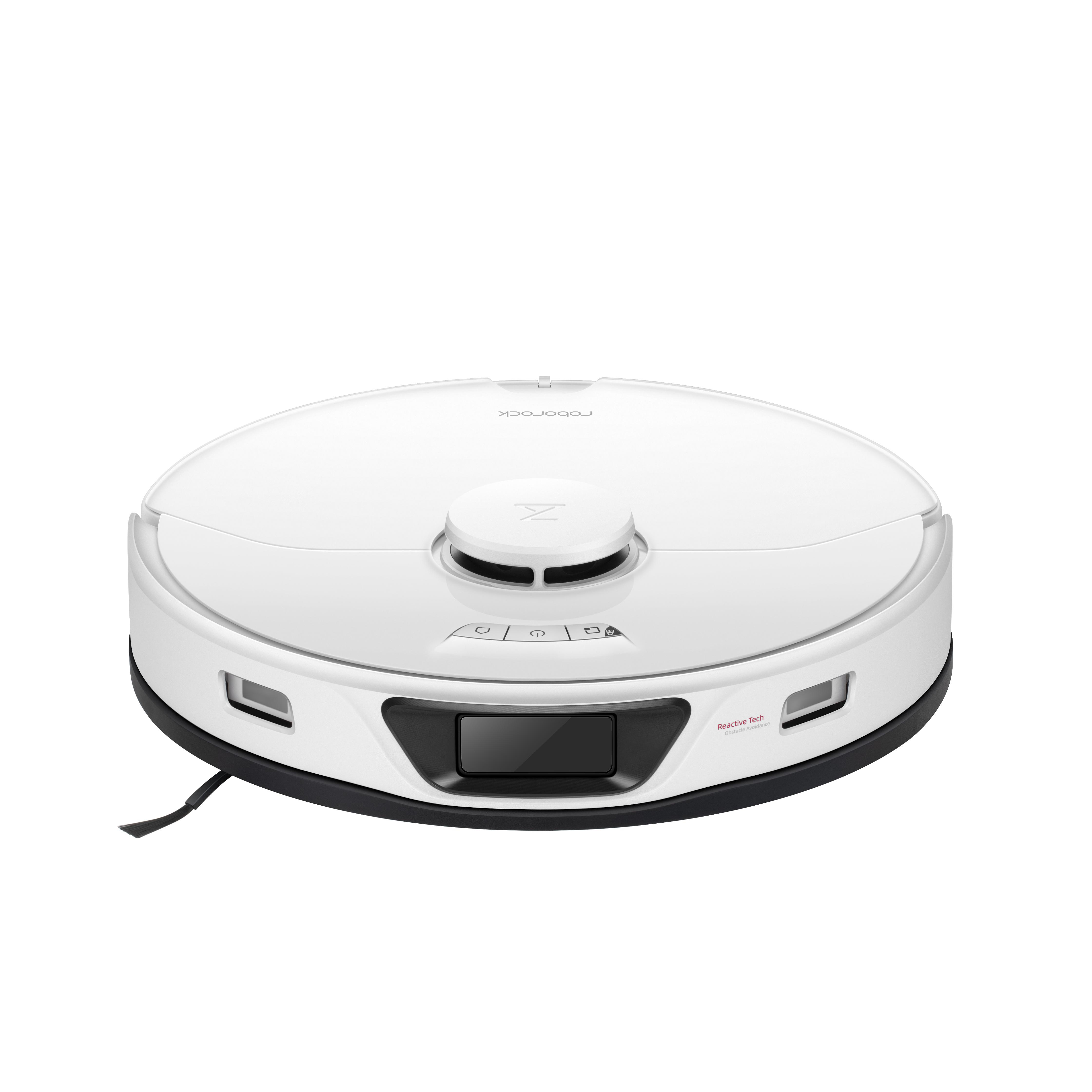 Weißer Roborock Staubsauger. Runde Form mit Sensoren und Knöpfen. Weißer Hintergrund.