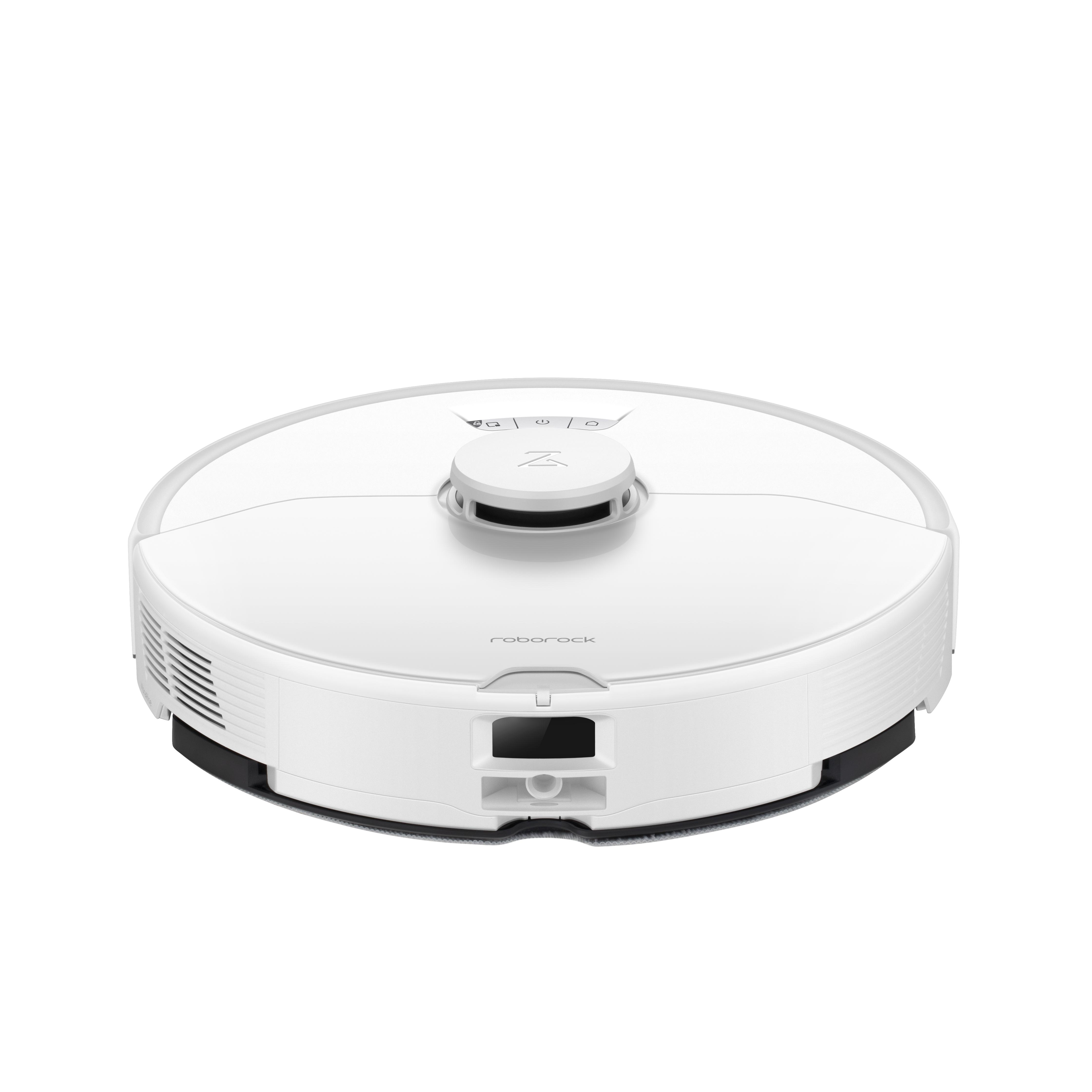 Weißer Roboter-Staubsauger, Draufsicht, mit kreisförmigem Design.