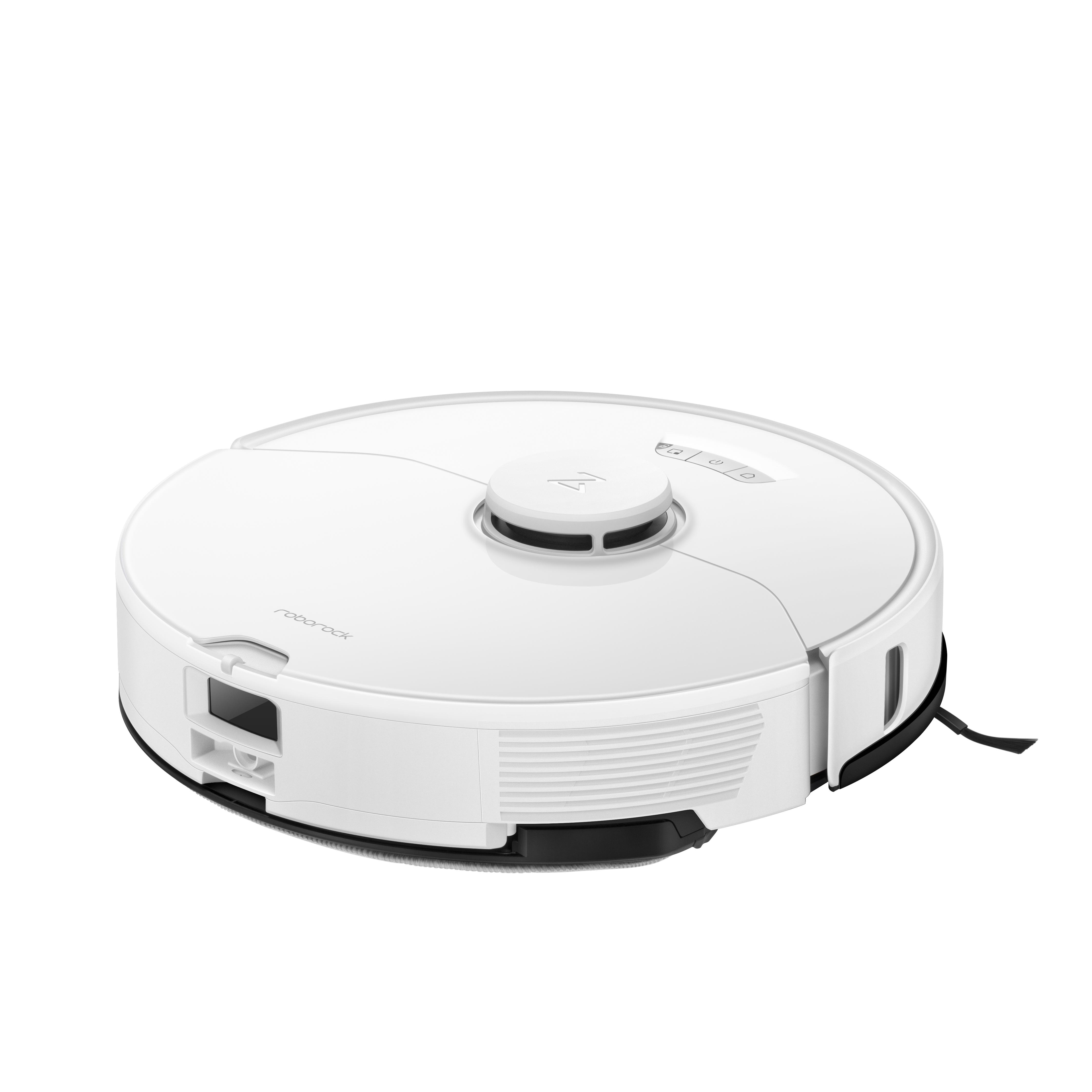 Weißer Roborock Roboter-Staubsauger. Es ist rund mit schwarzem Rand.