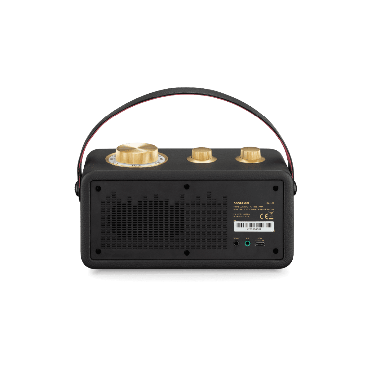 Ein schwarzes Radio im Retro-Stil mit goldenen Knöpfen und einem Griff, mit Text auf der Rückseite.