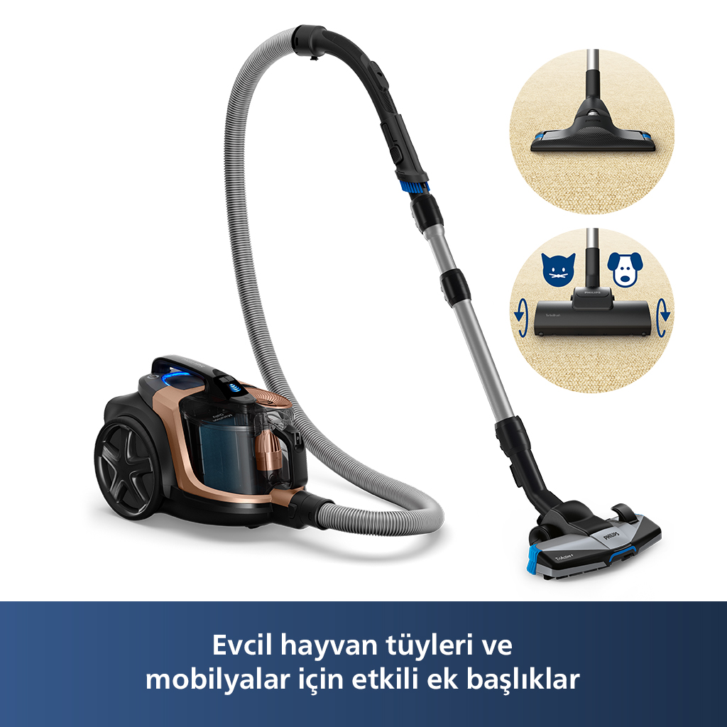 Evcil hayvan tüyü fırçası dahil ekleri olan bir elektrikli süpürge. Metin: 'Evcil hayvan tüyleri ve mobilyalar için'.