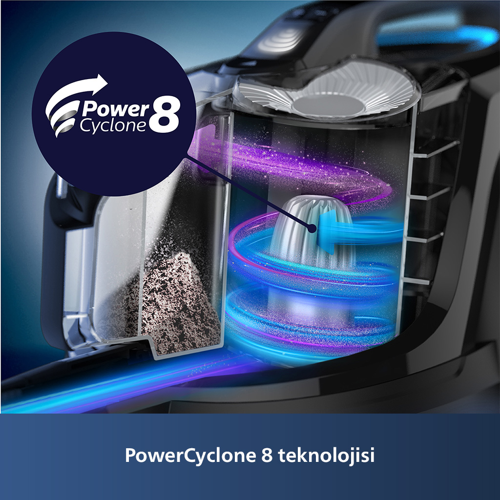 Mavi ve mor renklerle bir elektrik süpürgesinin iç bileşenlerinin diyagramı.