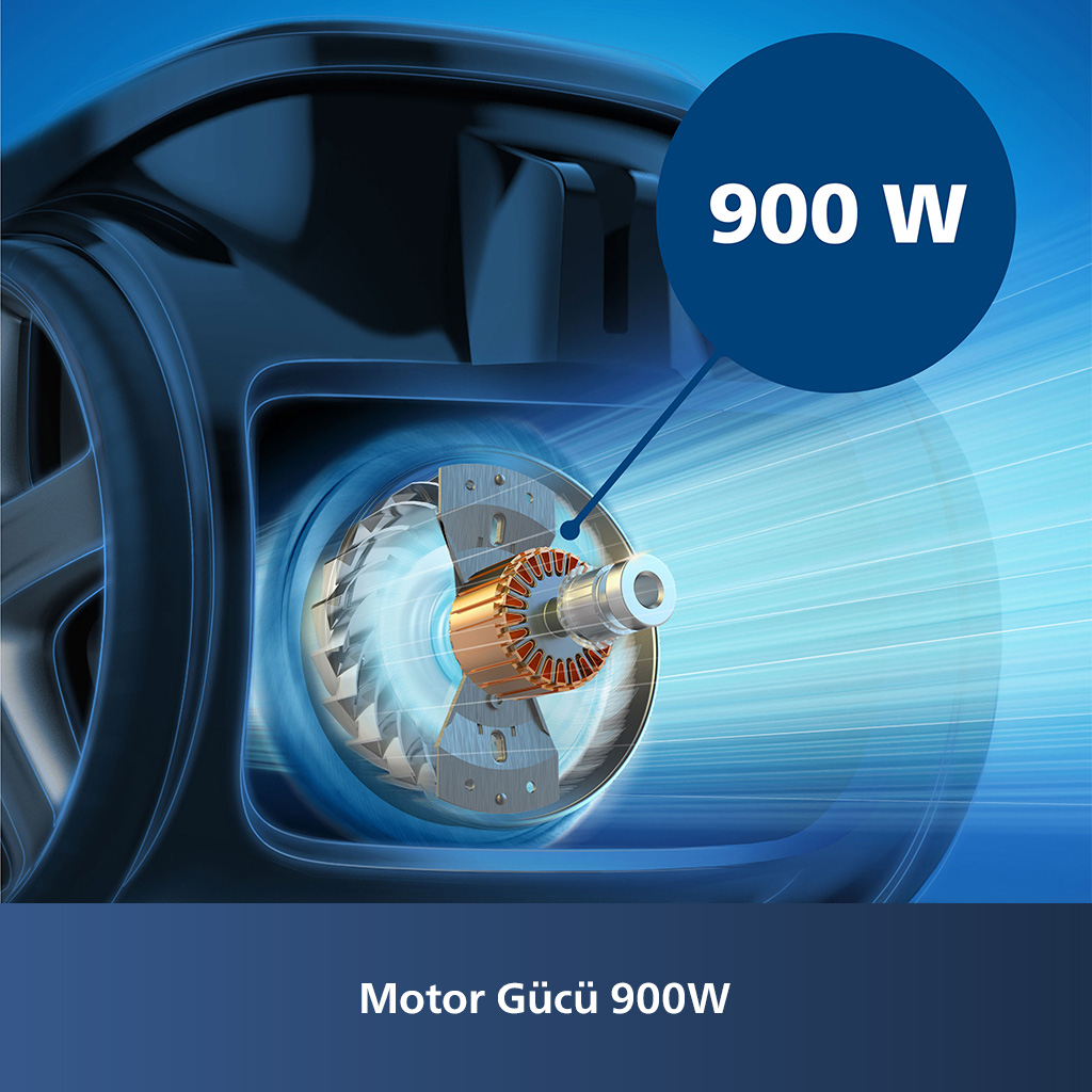 Bir elektrikli süpürge motorunun detaylı görünümü. Mavi bir daire 900W gücü gösterir.