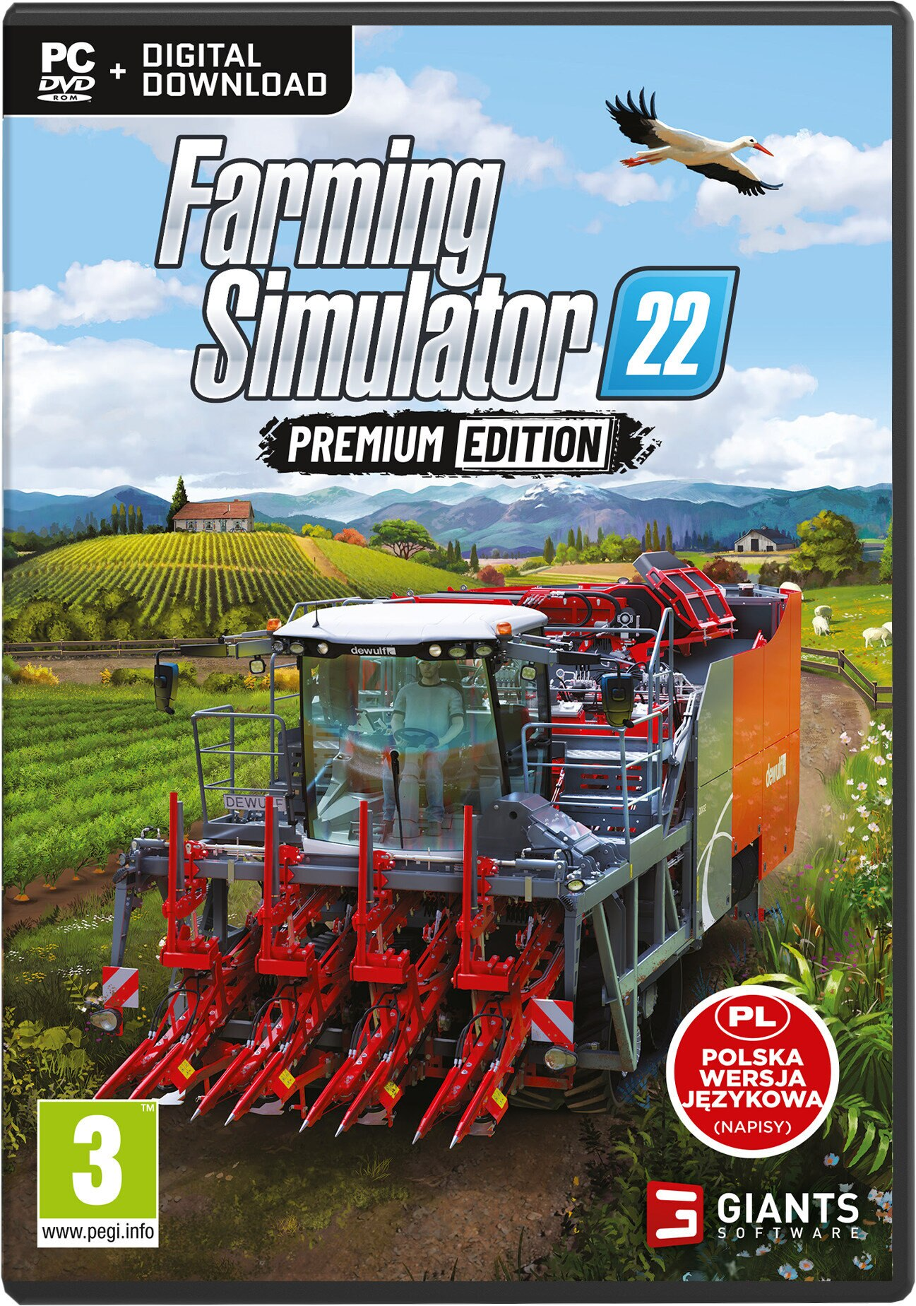 Pudełko z grą Farming Simulator 22. Kombajn na polu, bocian, 'Premium Edition'.