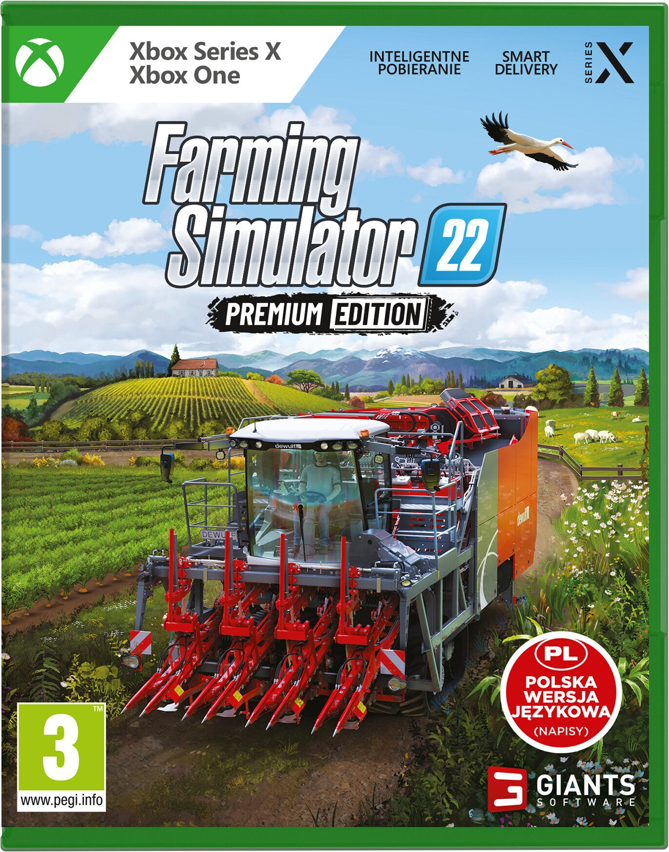 Pudełko gry Farming Simulator 22. Pokazuje kombajn na polu, z tytułem i logo gry.