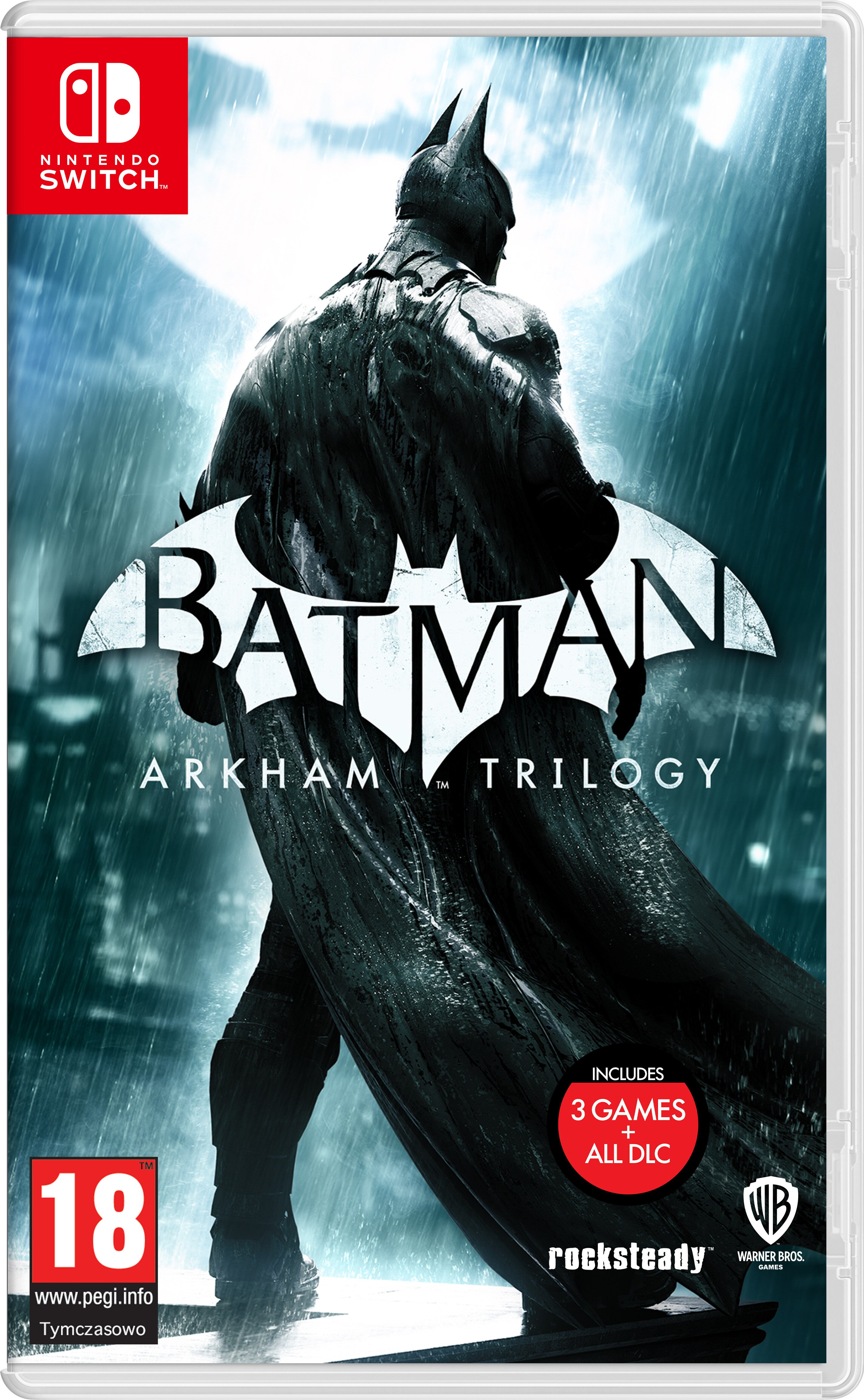 Etui na grę Batman Arkham Trilogy na Nintendo Switch. Na okładce jest Batman.