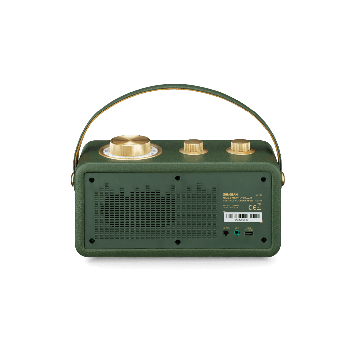 Ein grünes und goldenes Radio mit Griff. Es hat einen Lautsprecher und Knöpfe vorne.