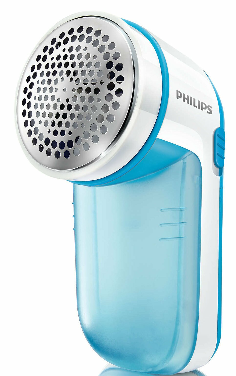 Zbliżenie białej i niebieskiej golarki do tkanin Philips, gotowej do użycia.