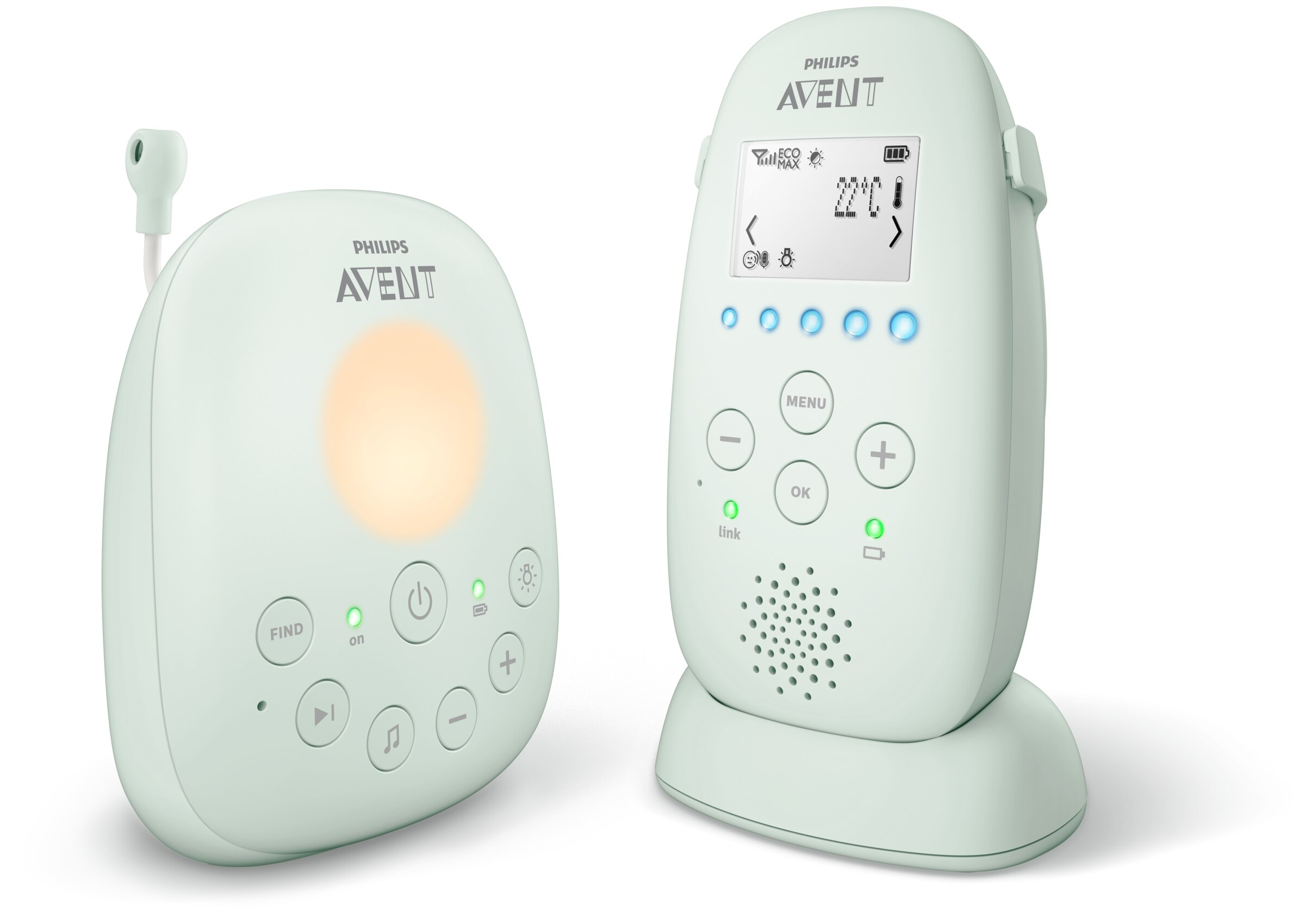 Zestaw niani elektronicznej Philips Avent. Jedna jednostka dla dziecka, druga dla rodzica.