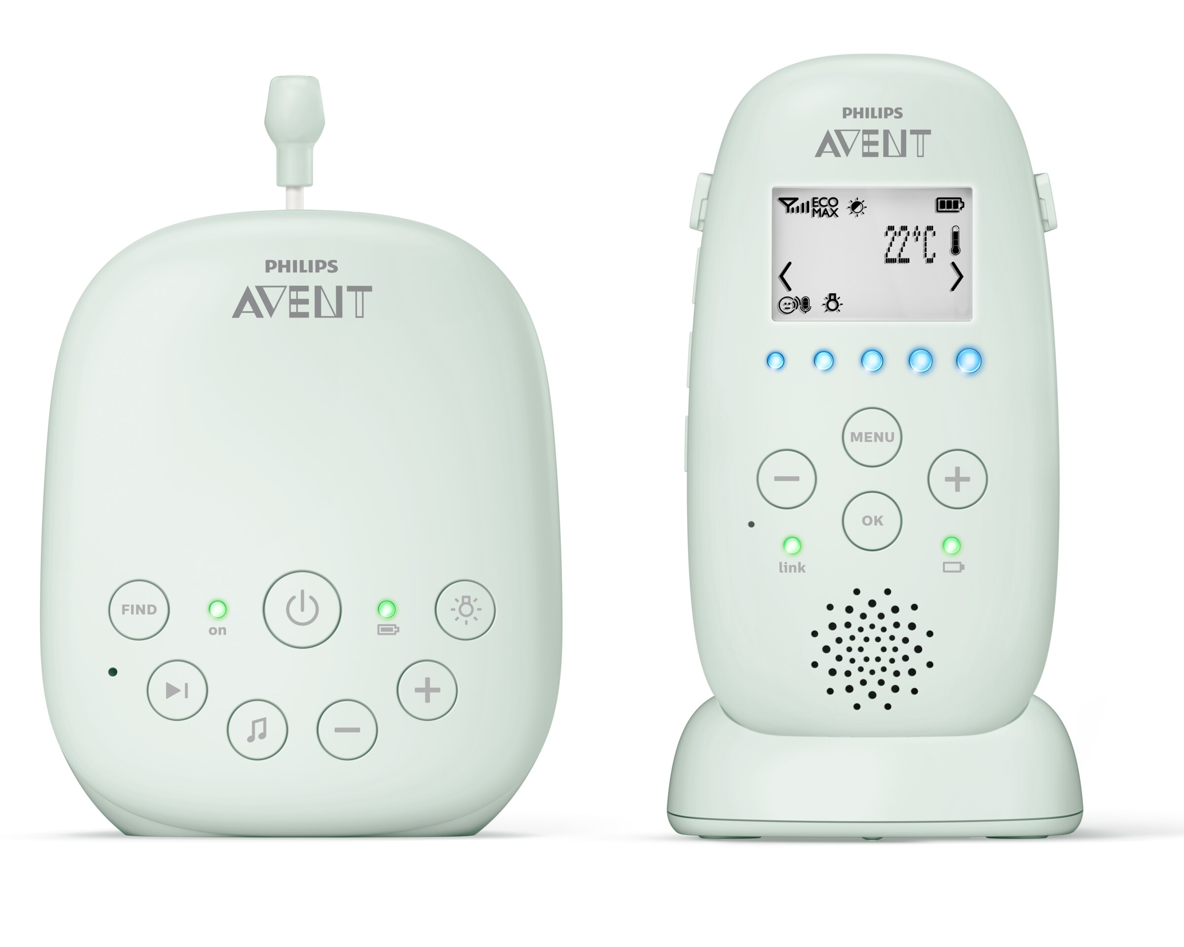 Niania elektroniczna z dwoma jednostkami. Jedna ma przyciski, druga to baza. Obie są jasnozielone.