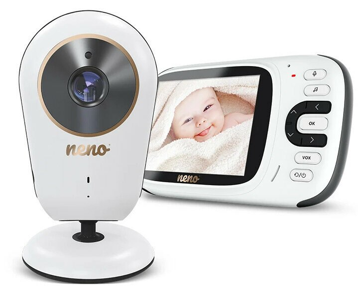 Niania elektroniczna z kamerą i ekranem pokazującym dziecko oraz przyciskami sterowania.