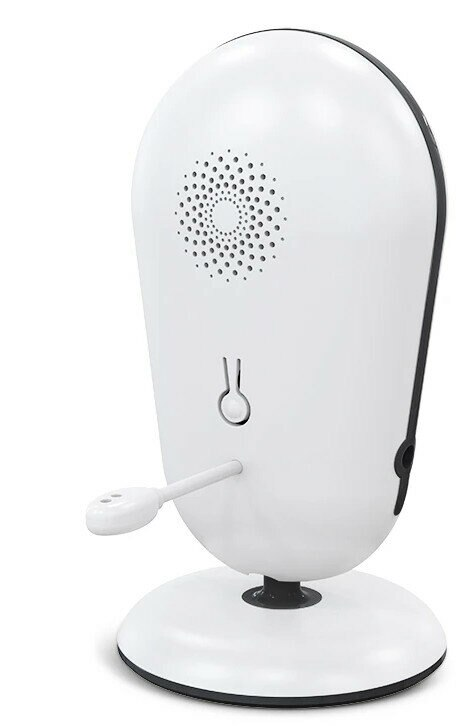 Biały niania elektroniczna z głośnikiem i podstawą.