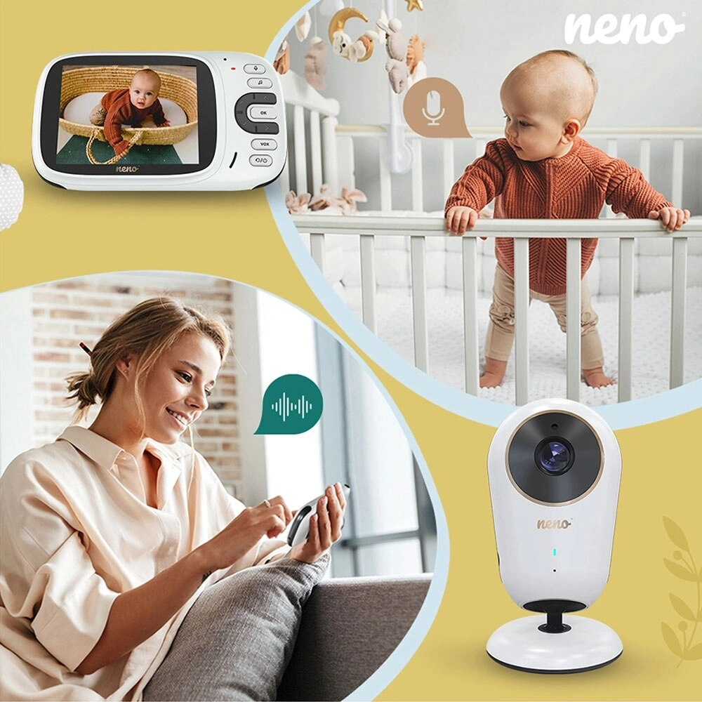 Konfiguracja niani pokazująca dziecko w kołysce, rodzic korzystający z telefonu.