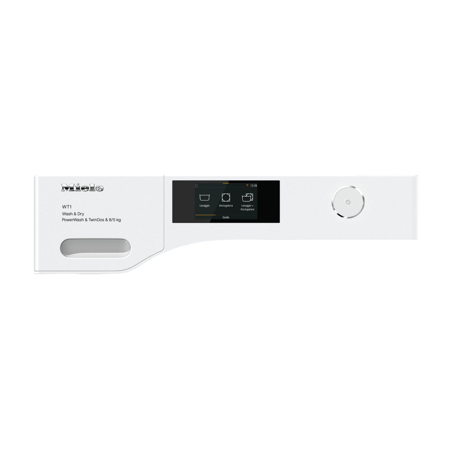 Dispositivo audio bianco con schermo, pulsanti e manopola. Testo a sinistra.